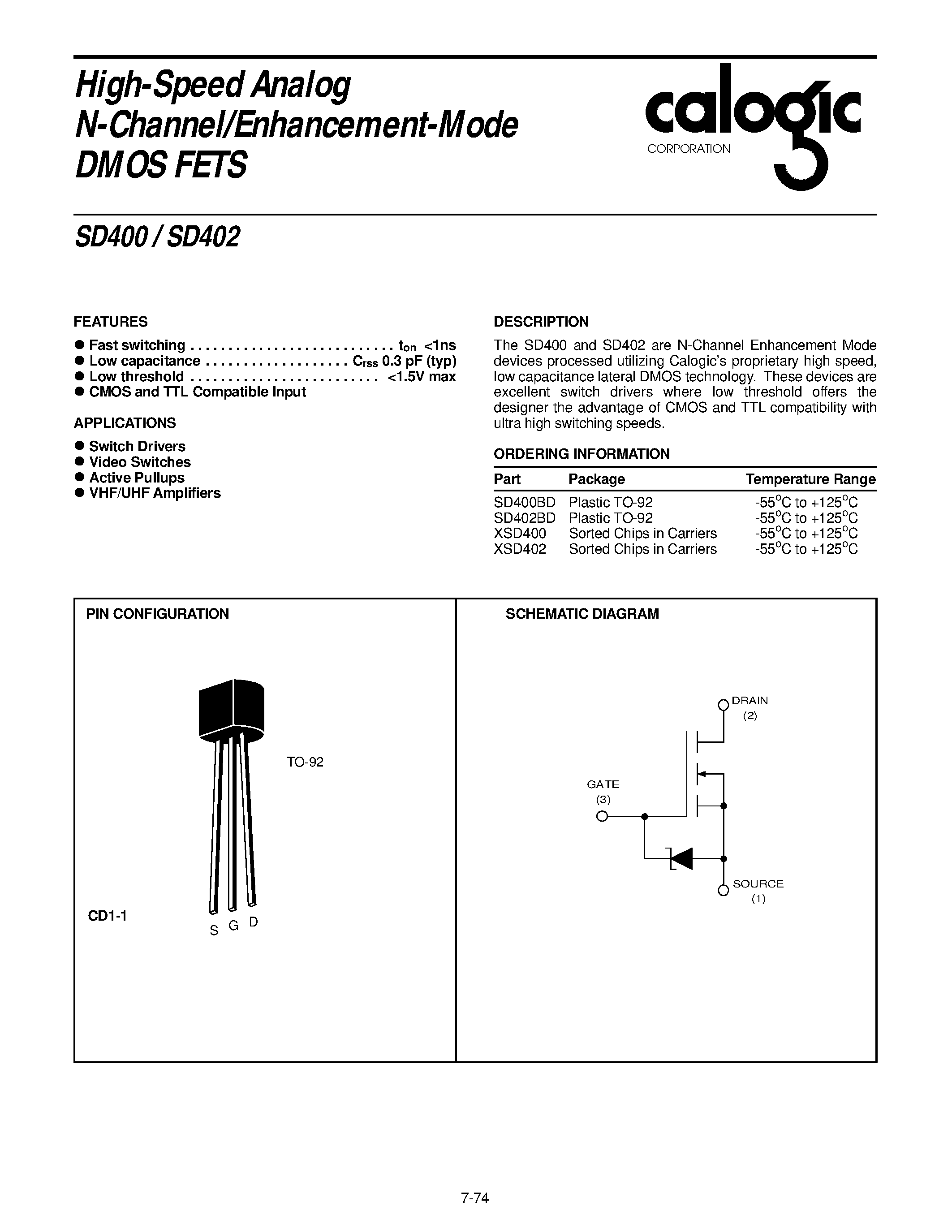 Datasheet SD400 - (SD400 / SD402) High-Speed Analog N-Channel/Enhancement-Mode DMOS FETS page 1
