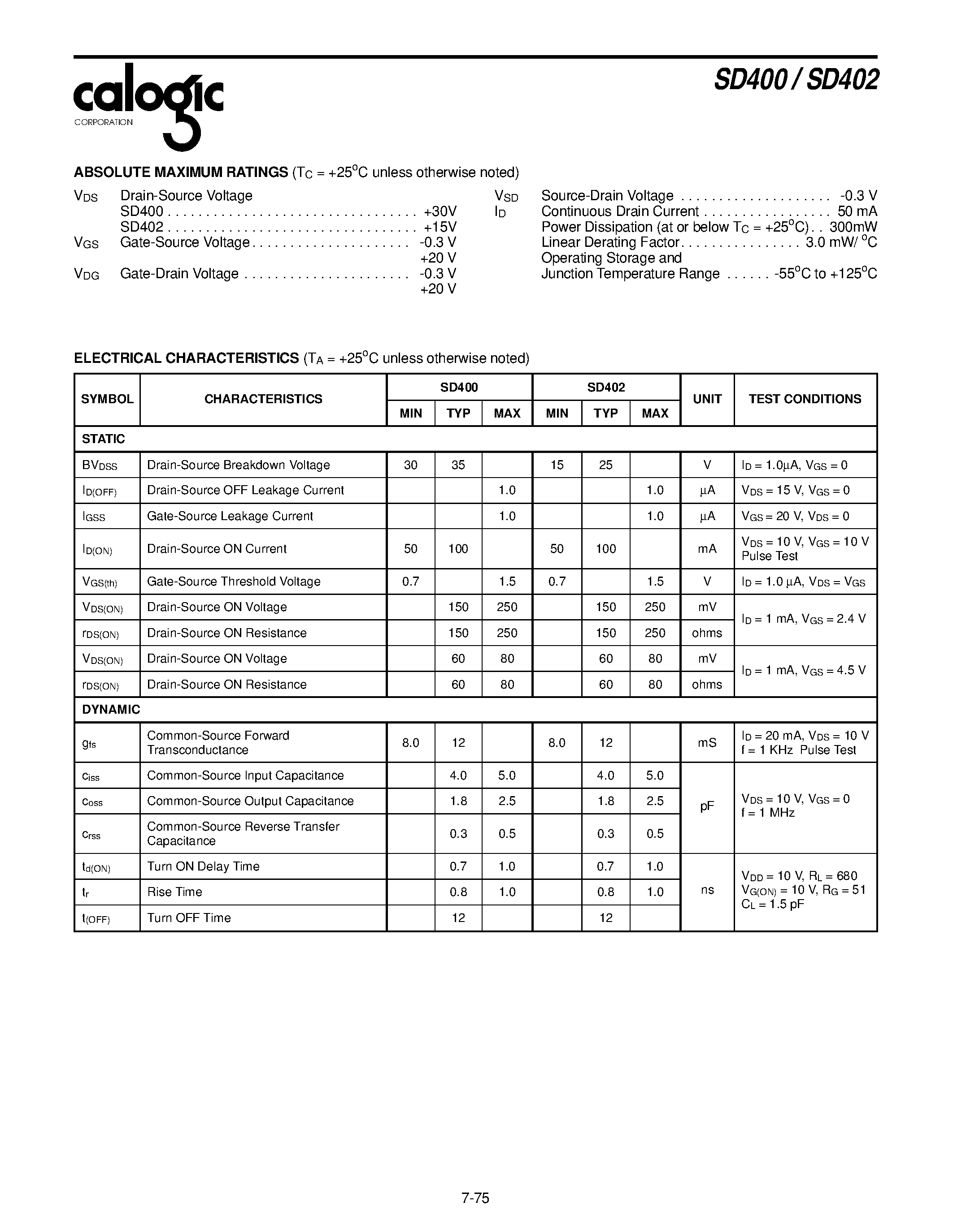 Datasheet SD400 - (SD400 / SD402) High-Speed Analog N-Channel/Enhancement-Mode DMOS FETS page 2