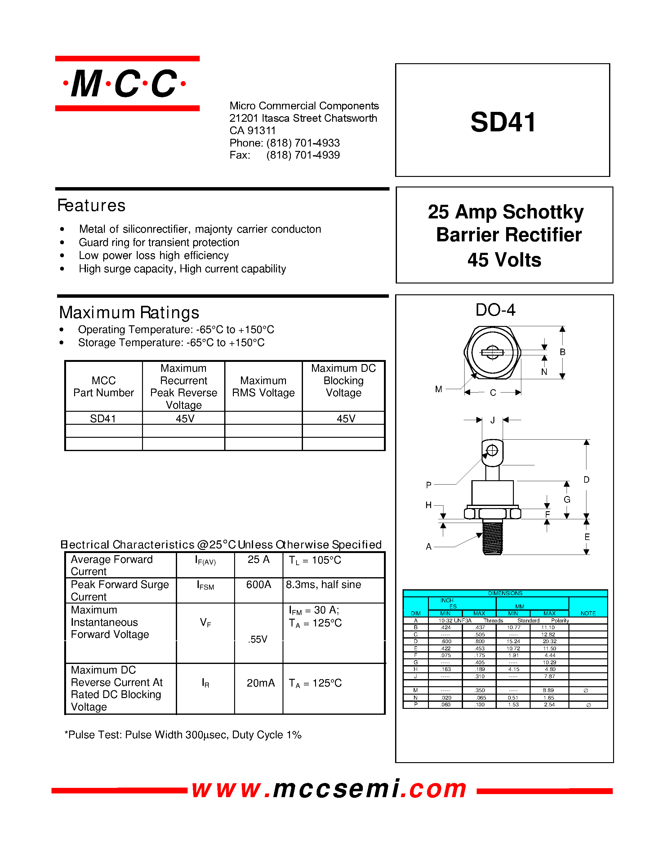 Datasheet SD41 page 1 Datasheet SD41 - 25 Amp Schottky Barrier Rectifier 45 Volts page 1