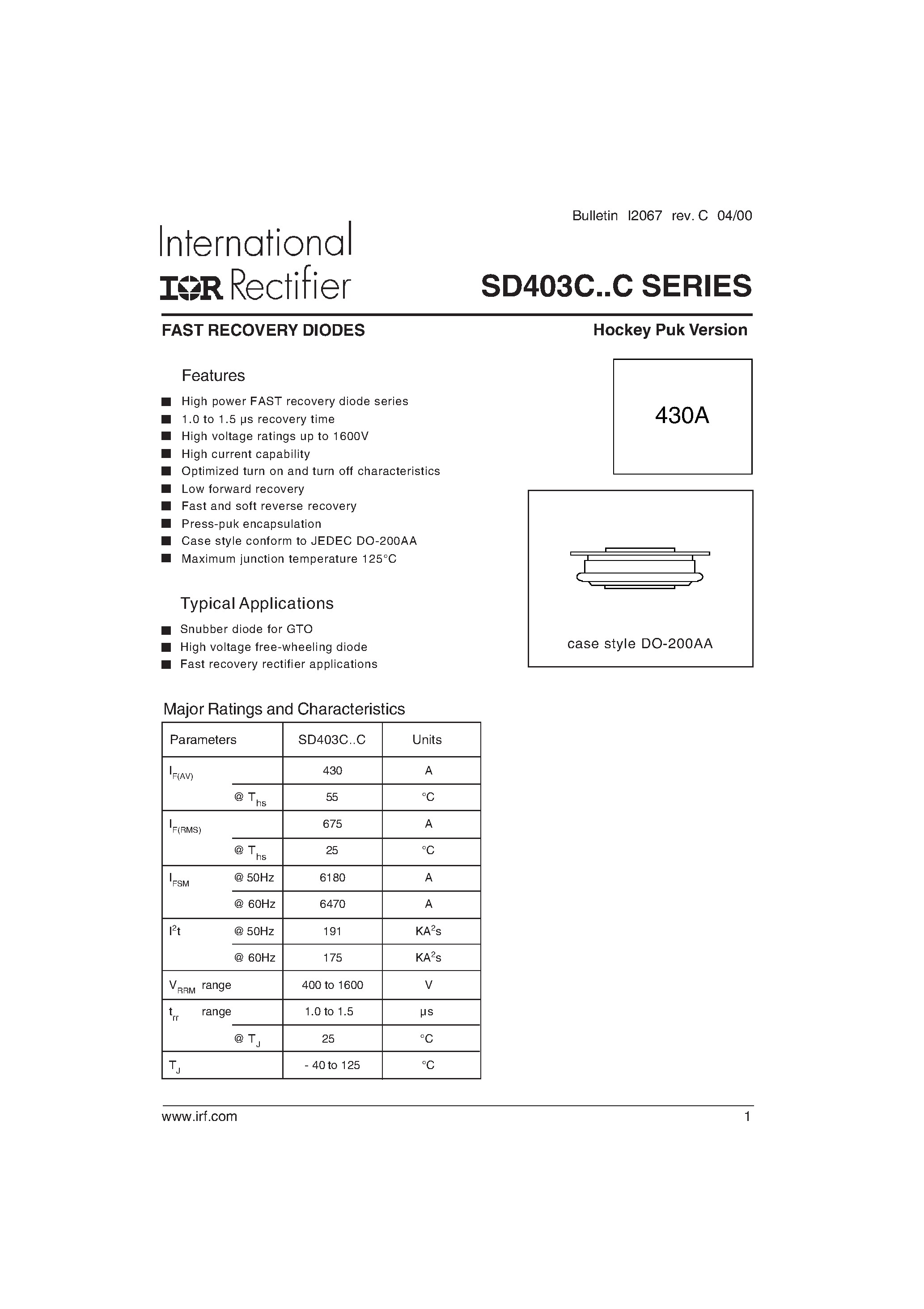 Даташит на микросхему SD403C страница 1 Даташит SD403C - FAST RECOVERY DIODES Hockey Puk Version страница 1