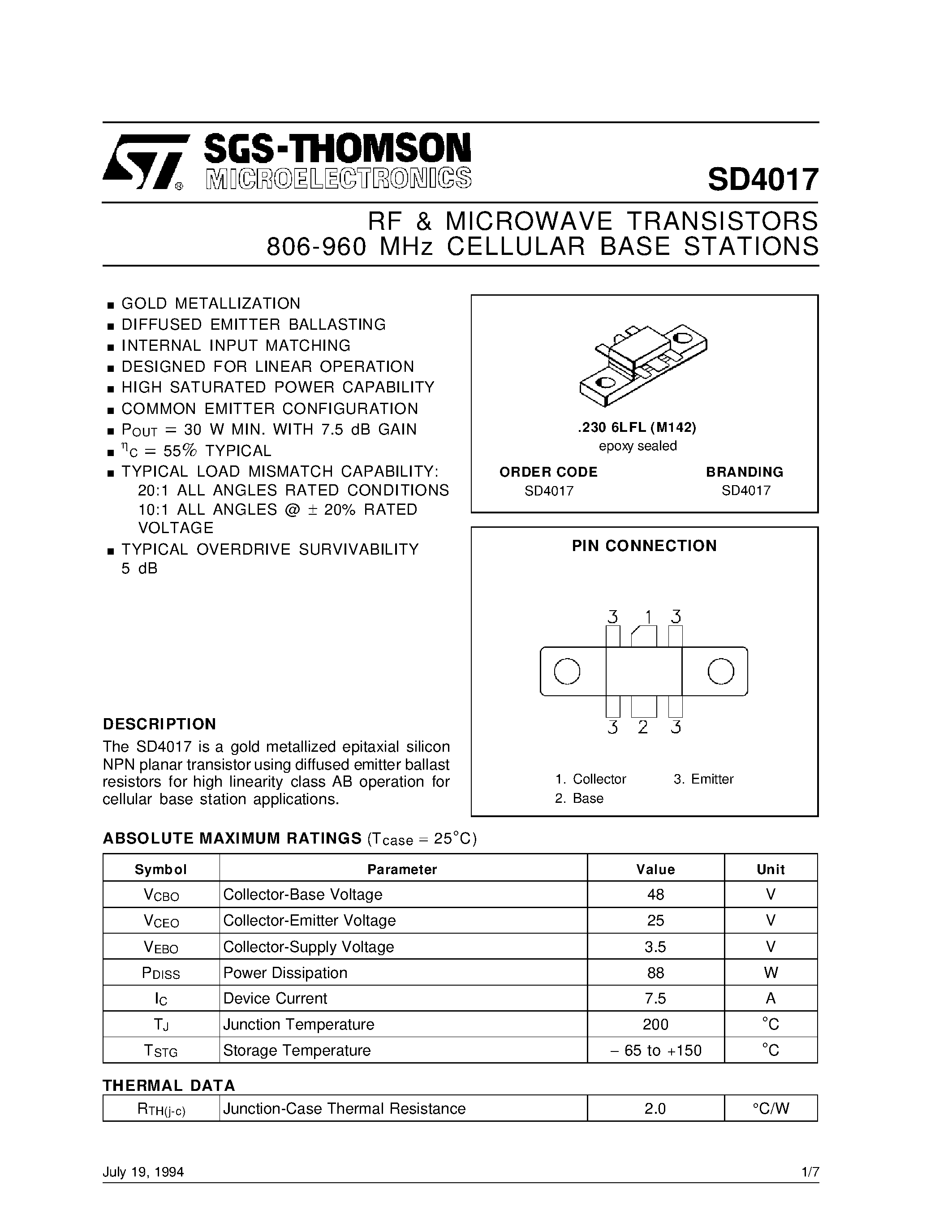 Datasheet SD4017 - RF & MICROWAVE TRANSISTORS 806-960 MHz CELLULAR BASE STATIONS page 1