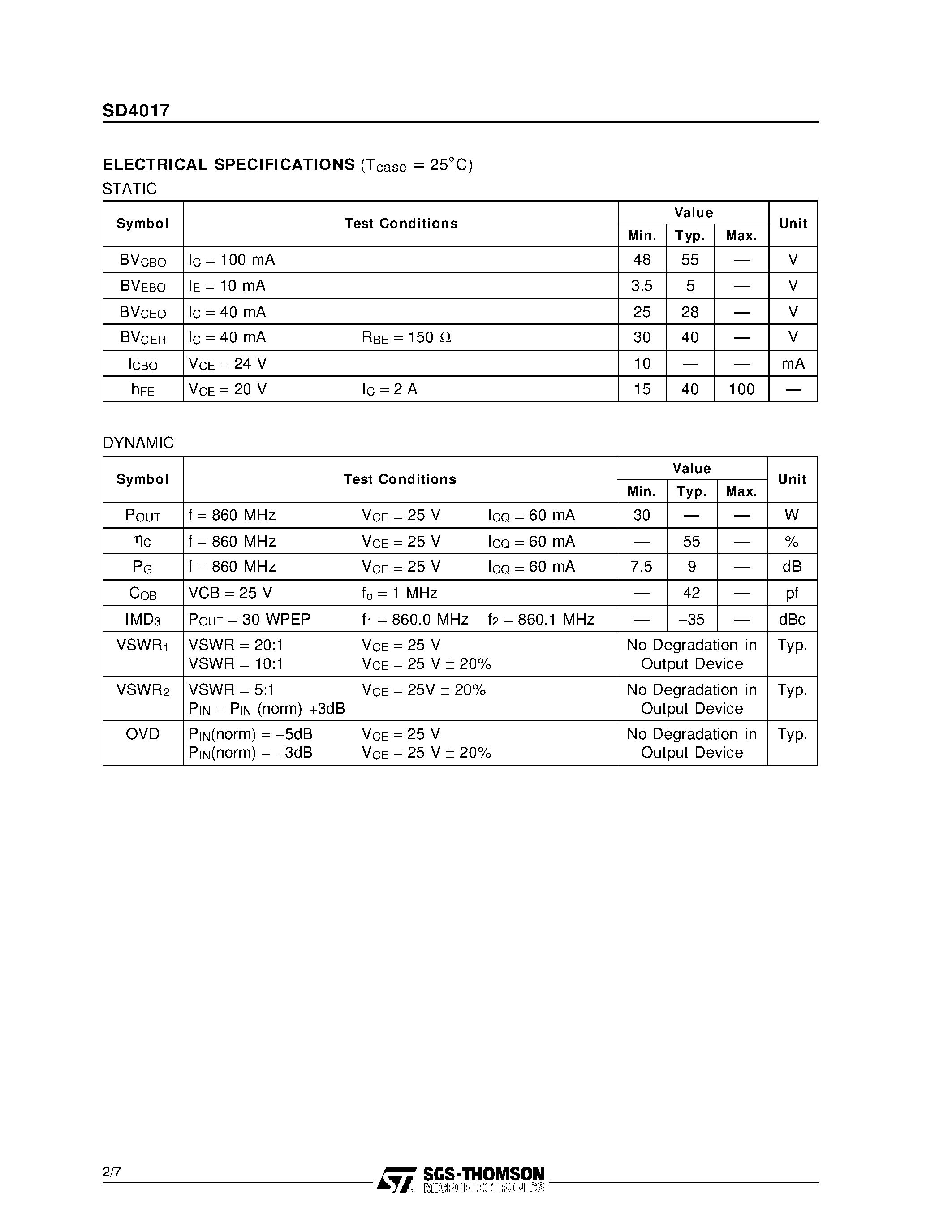 Datasheet SD4017 - RF & MICROWAVE TRANSISTORS 806-960 MHz CELLULAR BASE STATIONS page 2