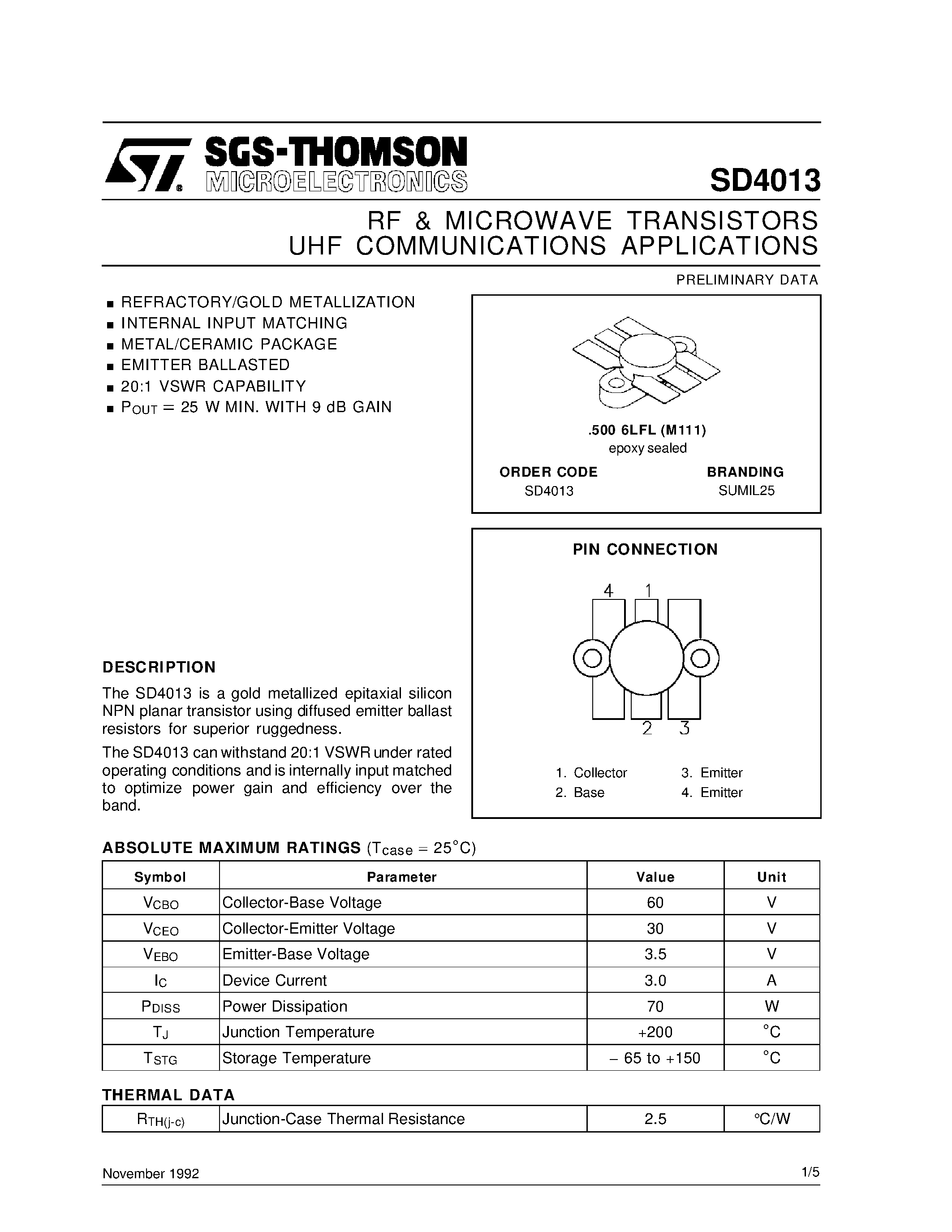 Datasheet SD4013 - RF & MICROWAVE TRANSISTORS UHF COMMUNICATIONS APPLICATIONS page 1