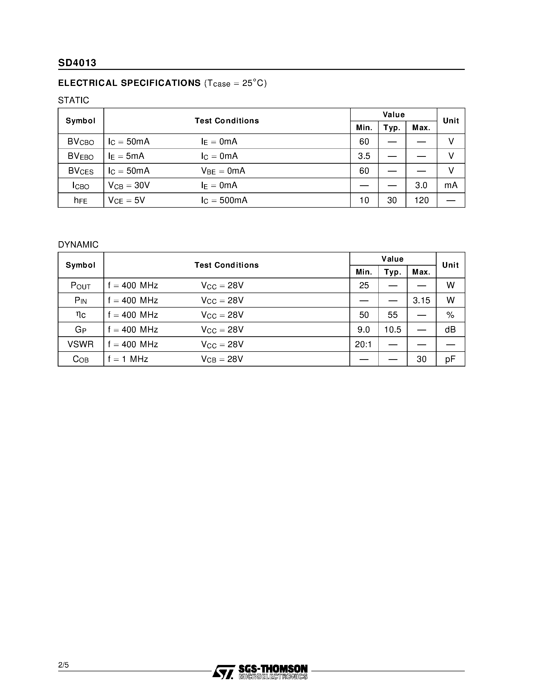 Datasheet SD4013 - RF & MICROWAVE TRANSISTORS UHF COMMUNICATIONS APPLICATIONS page 2