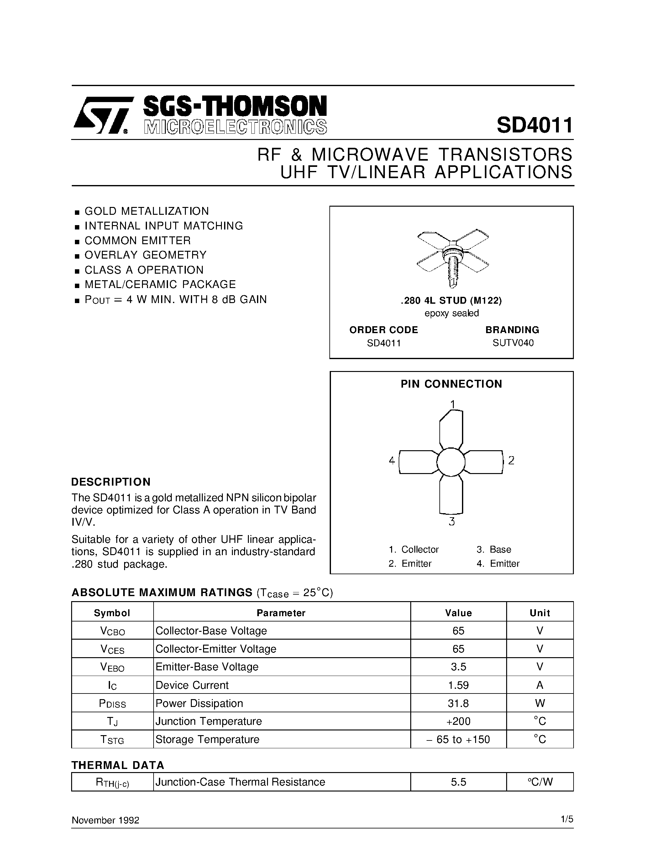 Datasheet SD4011 - RF & MICROWAVE TRANSISTORS UHF TV/LINEAR APPLICATIONS page 1