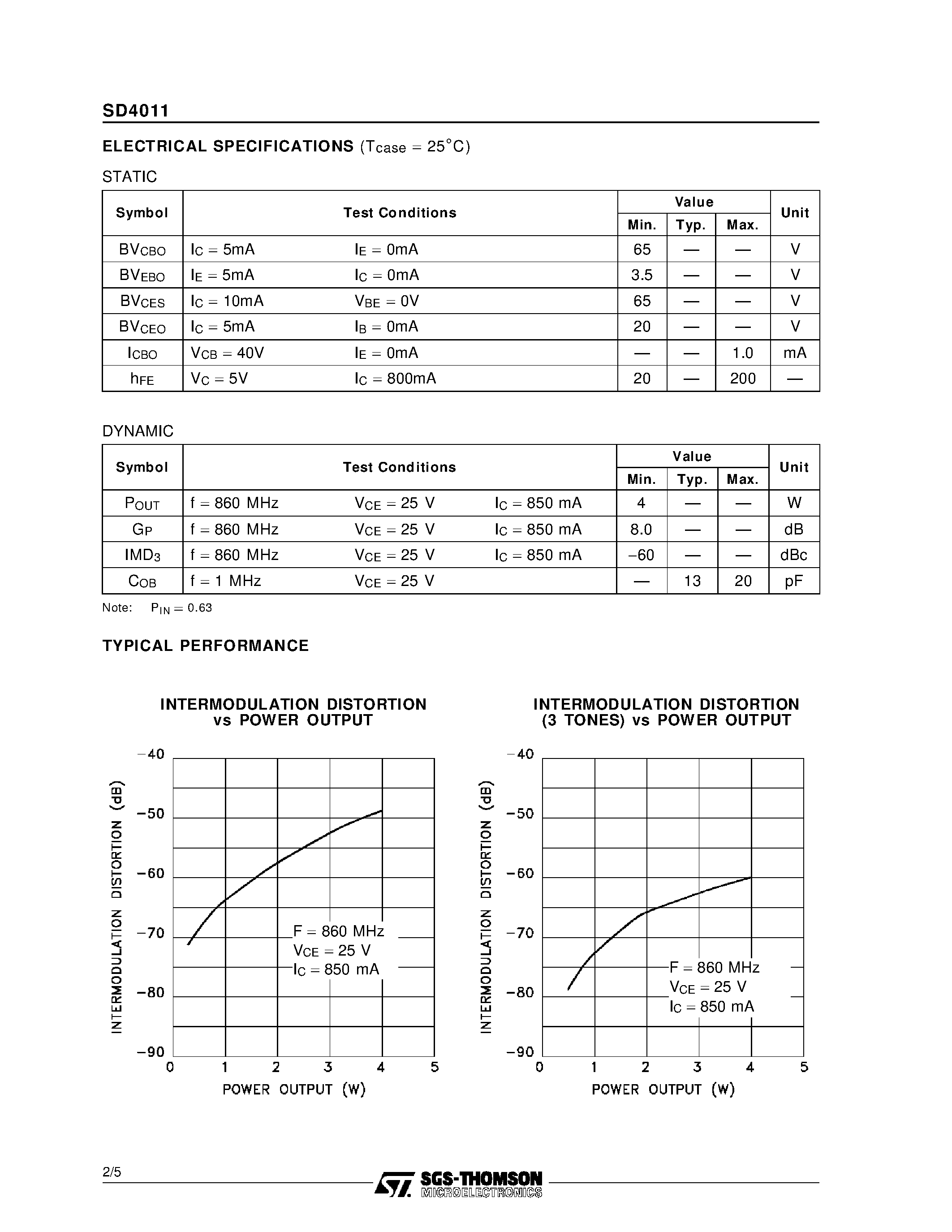 Datasheet SD4011 - RF & MICROWAVE TRANSISTORS UHF TV/LINEAR APPLICATIONS page 2