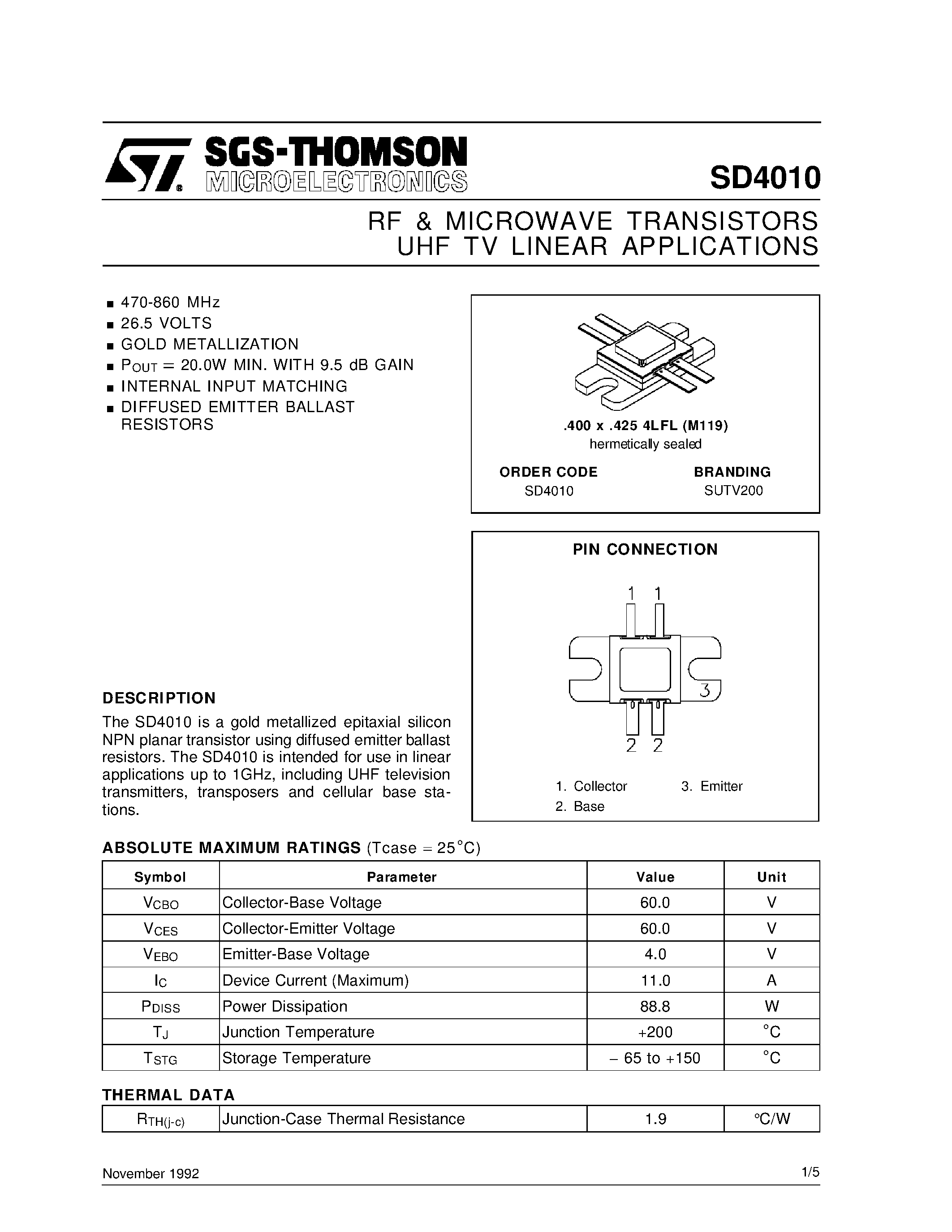 Datasheet SD4010 - RF & MICROWAVE TRANSISTORS UHF TV LINEAR APPLICATIONS page 1