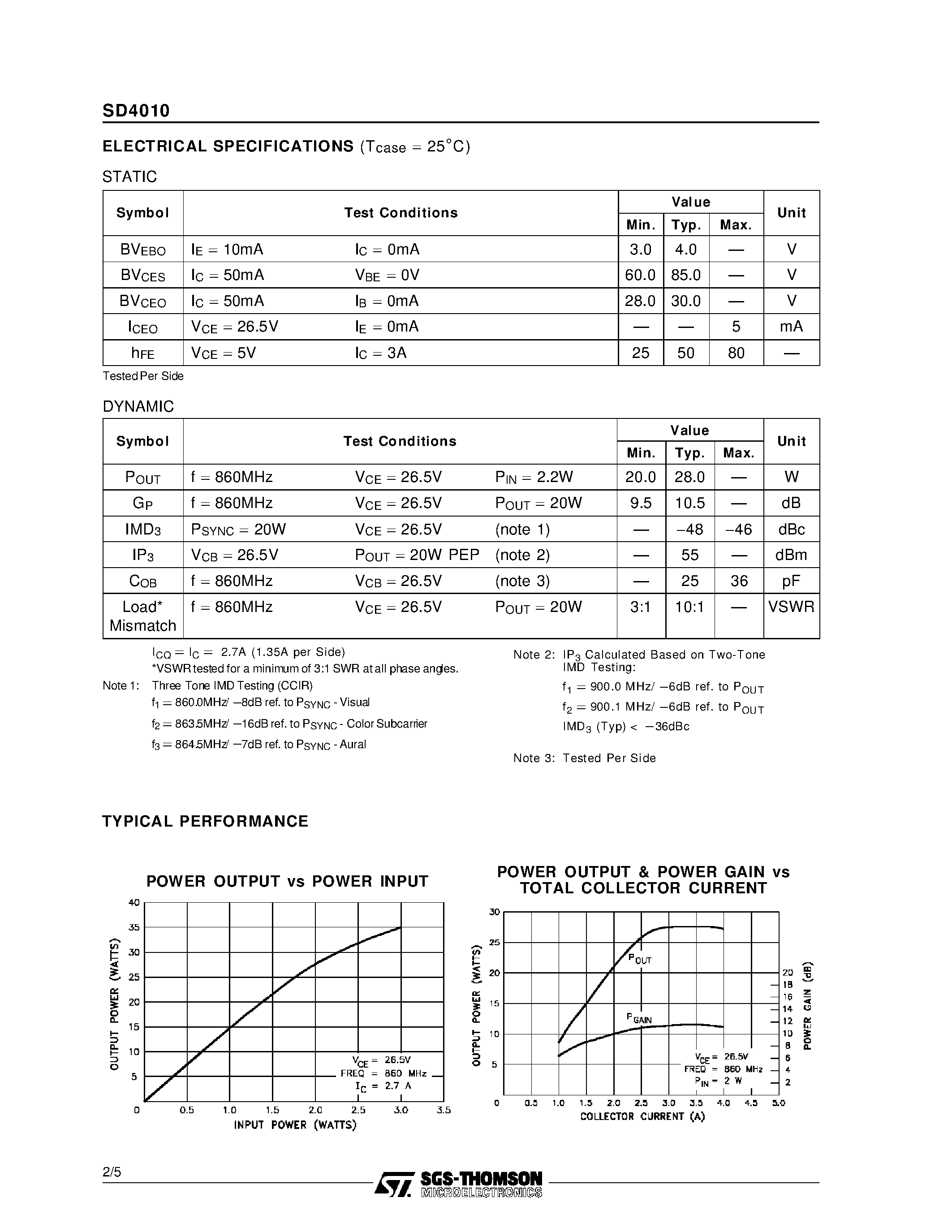 Datasheet SD4010 - RF & MICROWAVE TRANSISTORS UHF TV LINEAR APPLICATIONS page 2
