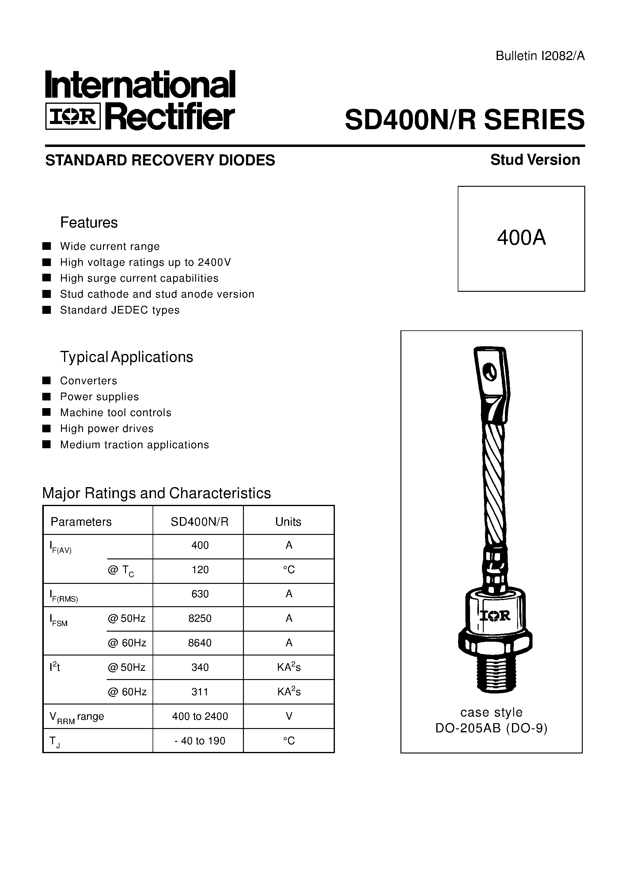 Datasheet SD400N page 1 Datasheet SD400N - STANDARD RECOVERY DIODES Stud Version page 1