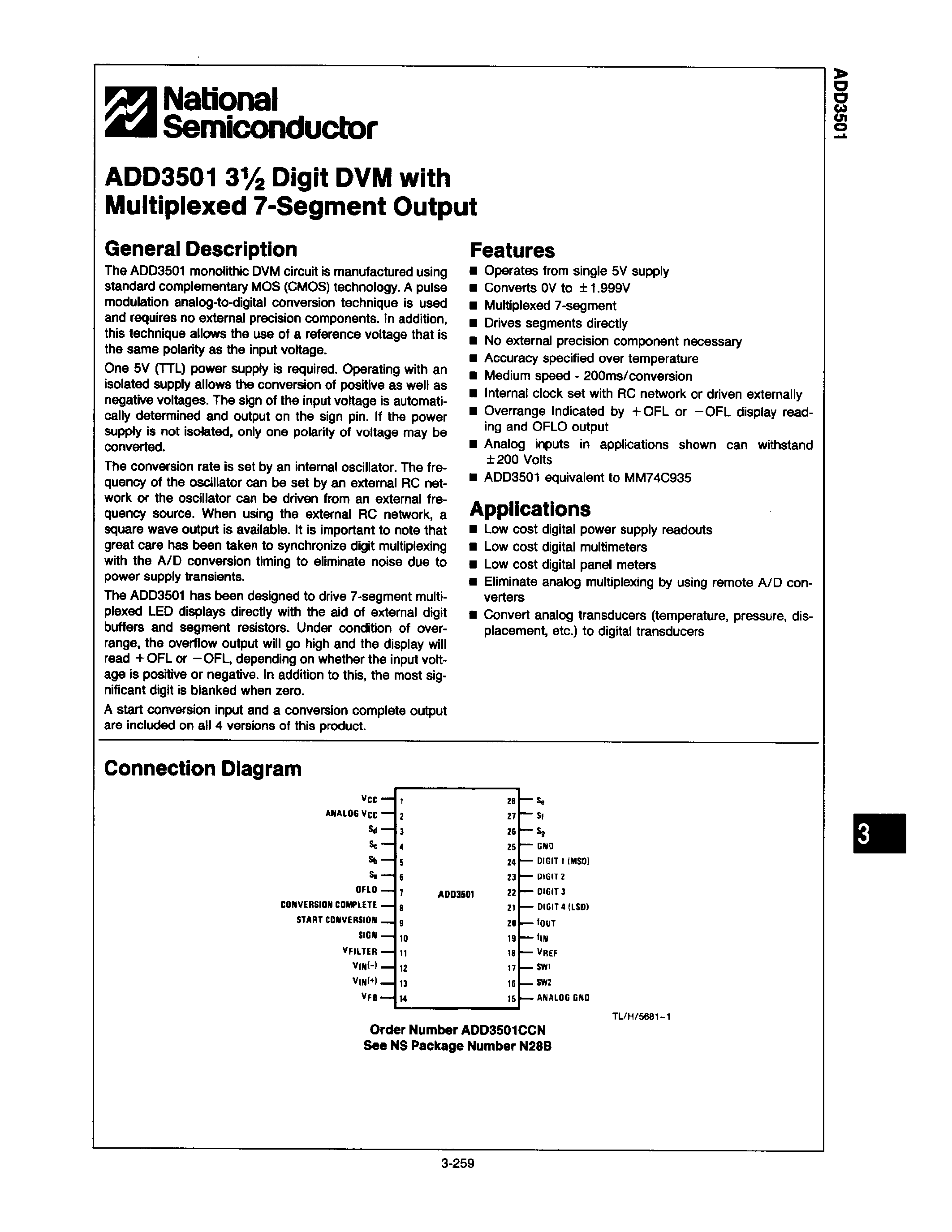 Даташит ADD3501 - 3 1/2 DIGIT DVM WITH MULTIPLEXED 7-SEGMENT OUTPUT страница 1