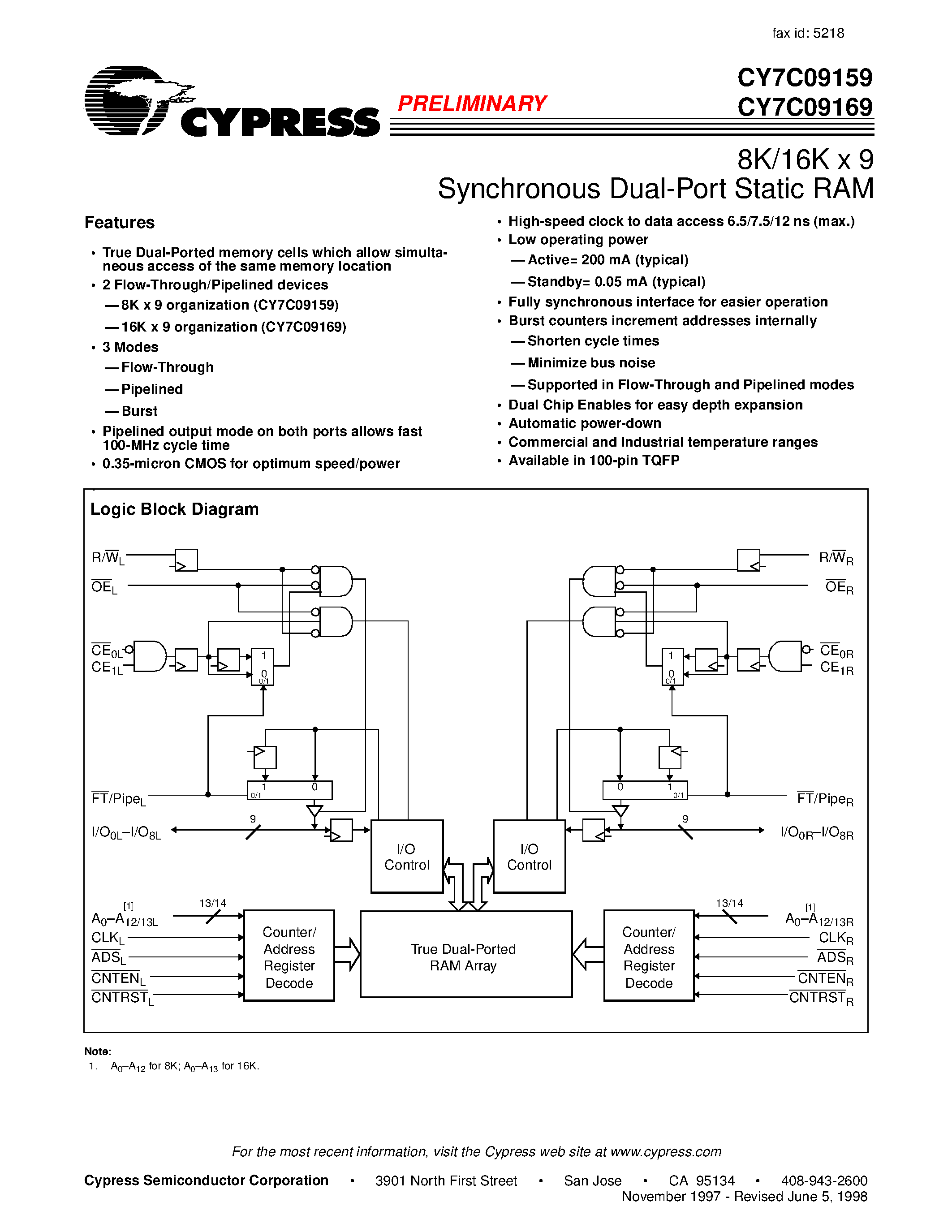 Даташит CY7C09159 - (CY7C09159 / CY7C09169) 8K/16K x 9 Synchronous Dual-Port Static RAM страница 1
