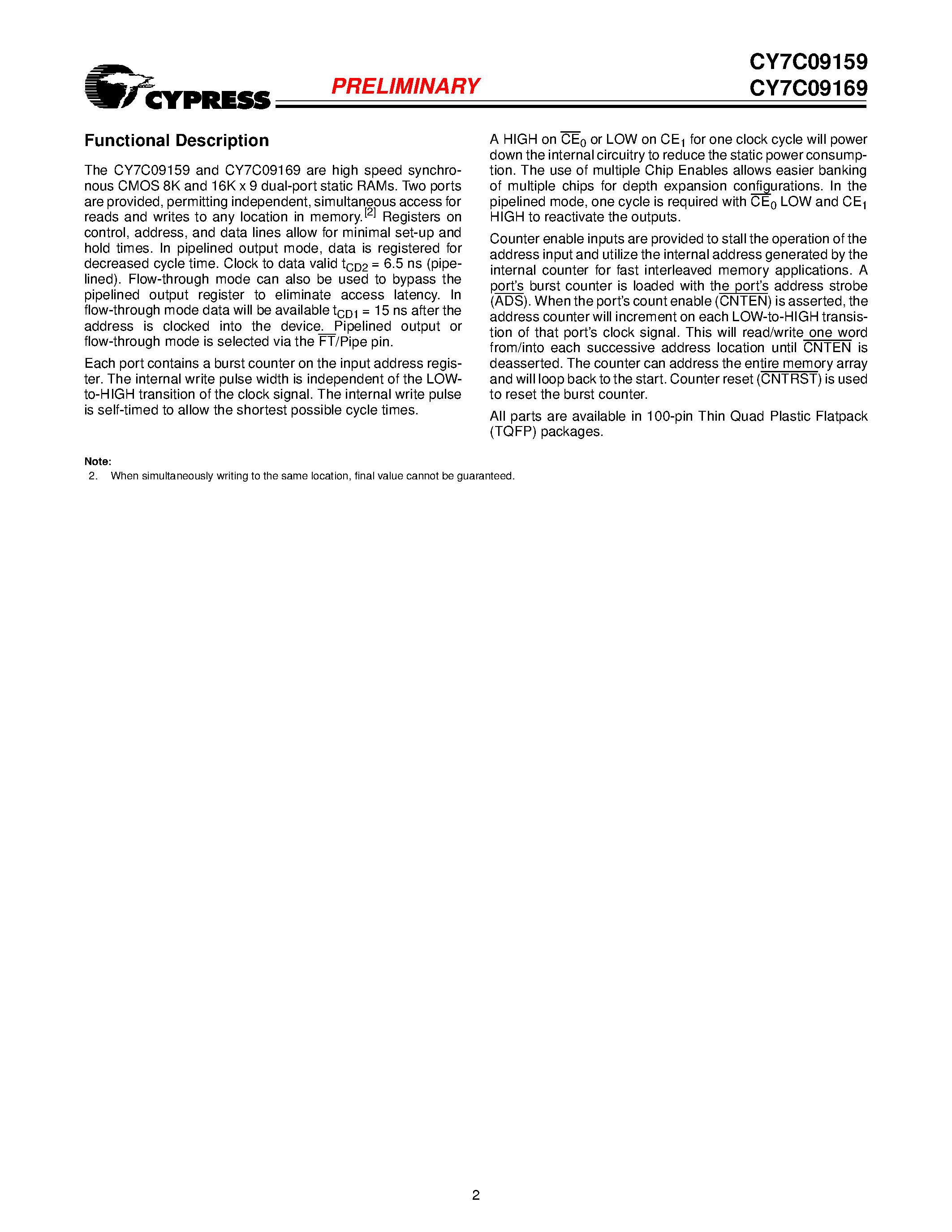 Даташит CY7C09159 - (CY7C09159 / CY7C09169) 8K/16K x 9 Synchronous Dual-Port Static RAM страница 2