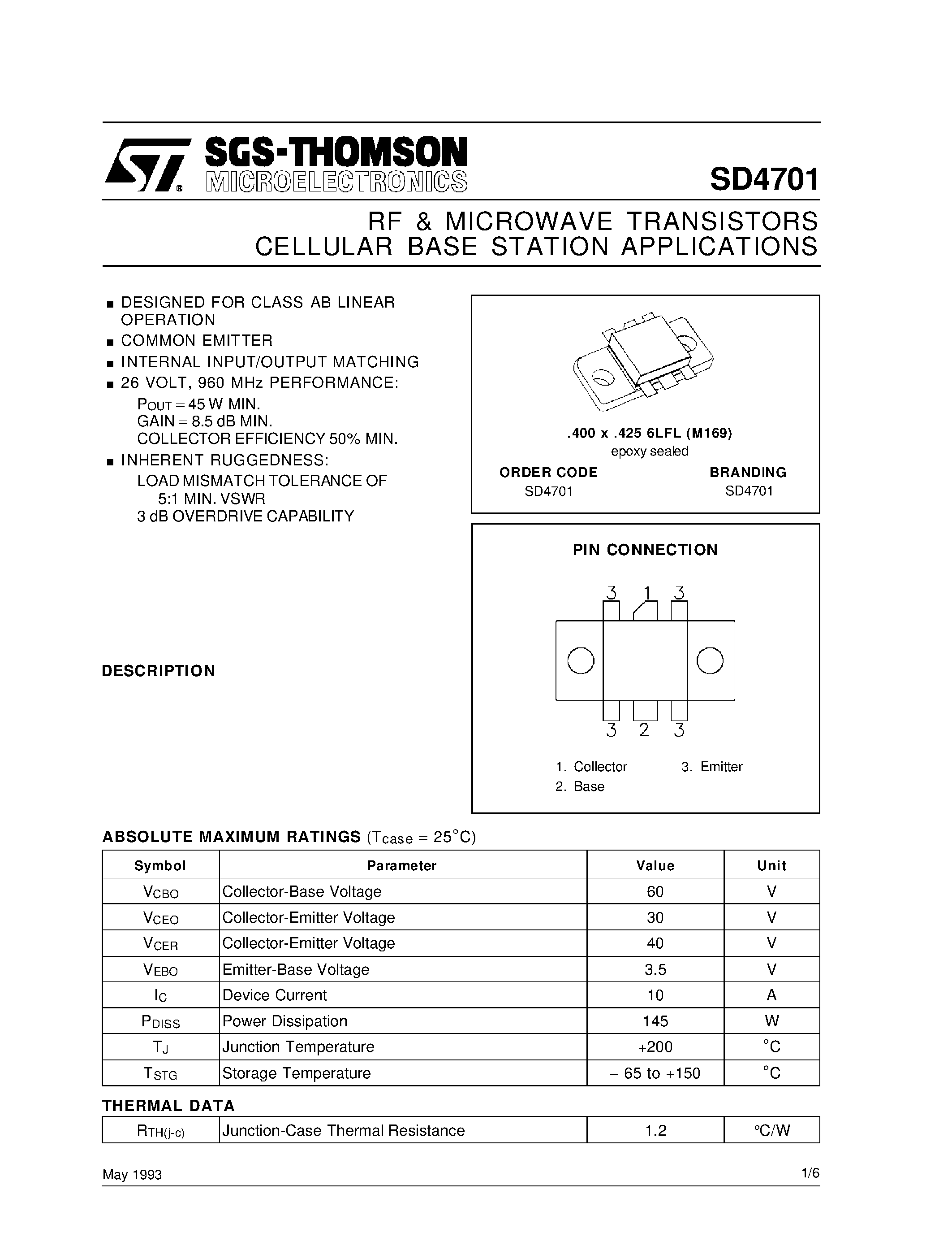 Datasheet SD4701 - RF & MICROWAVE TRANSISTORS CELLULAR BASE STATION APPLICATIONS page 1