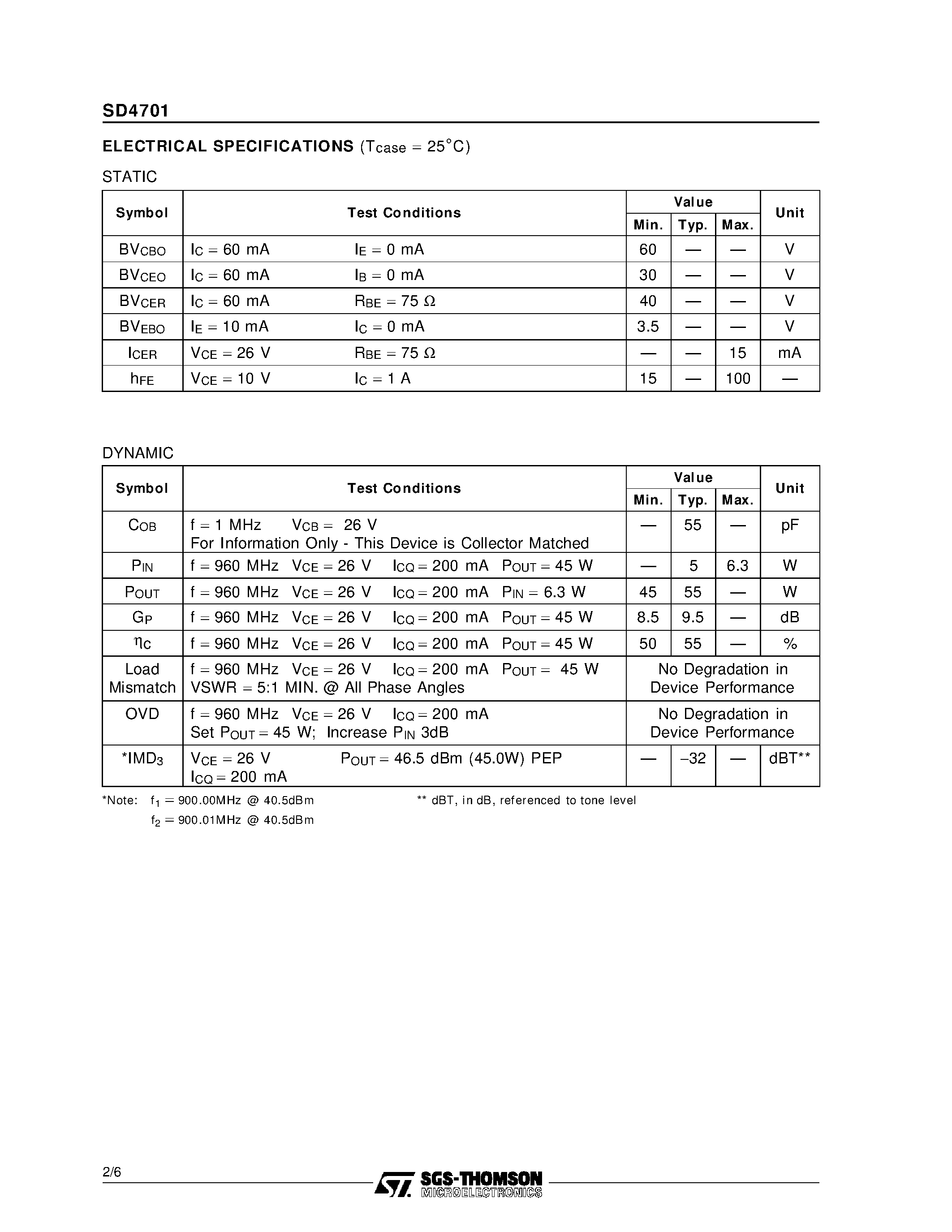 Datasheet SD4701 - RF & MICROWAVE TRANSISTORS CELLULAR BASE STATION APPLICATIONS page 2