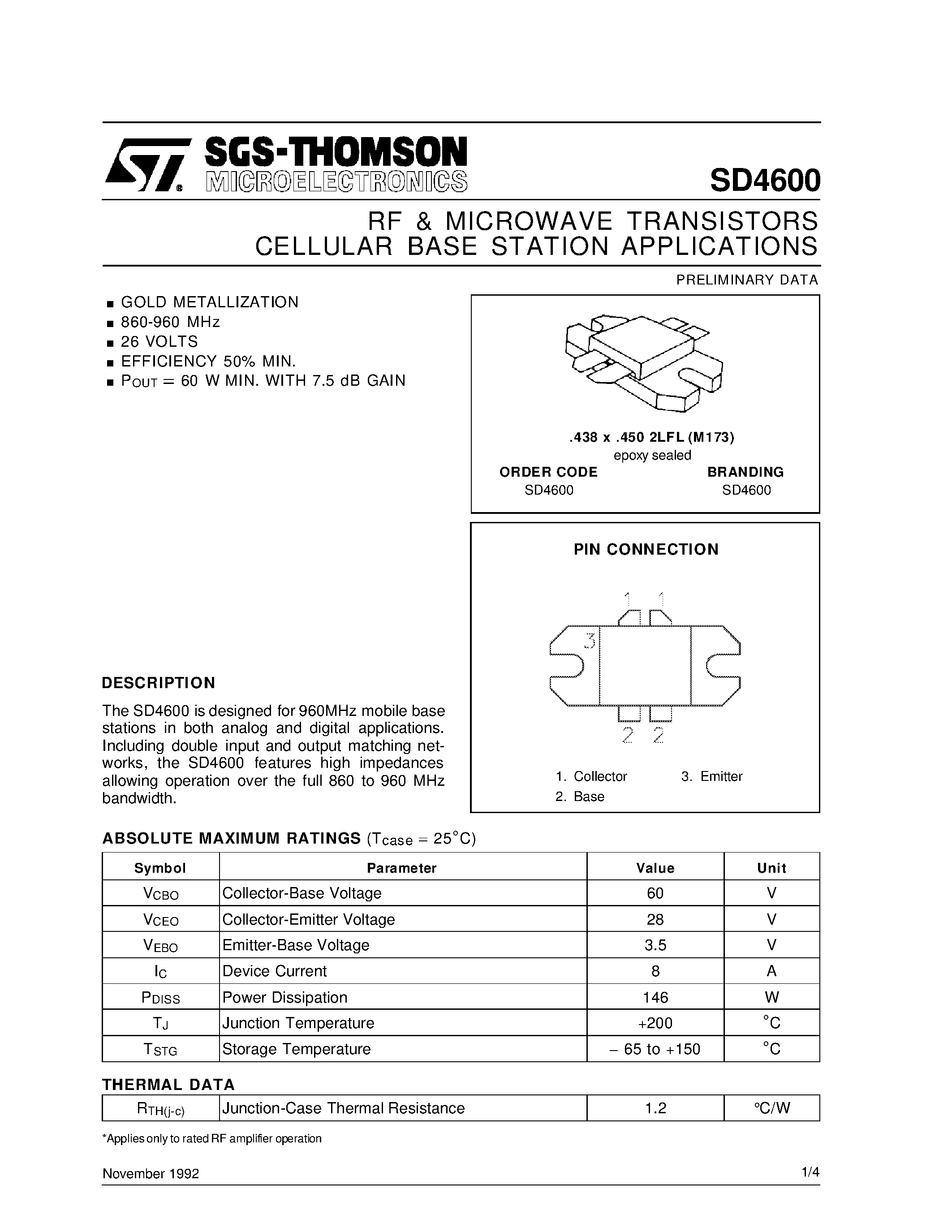 Datasheet SD4600 - RF & MICROWAVE TRANSISTORS CELLULAR BASE STATION APPLICATIONS page 1