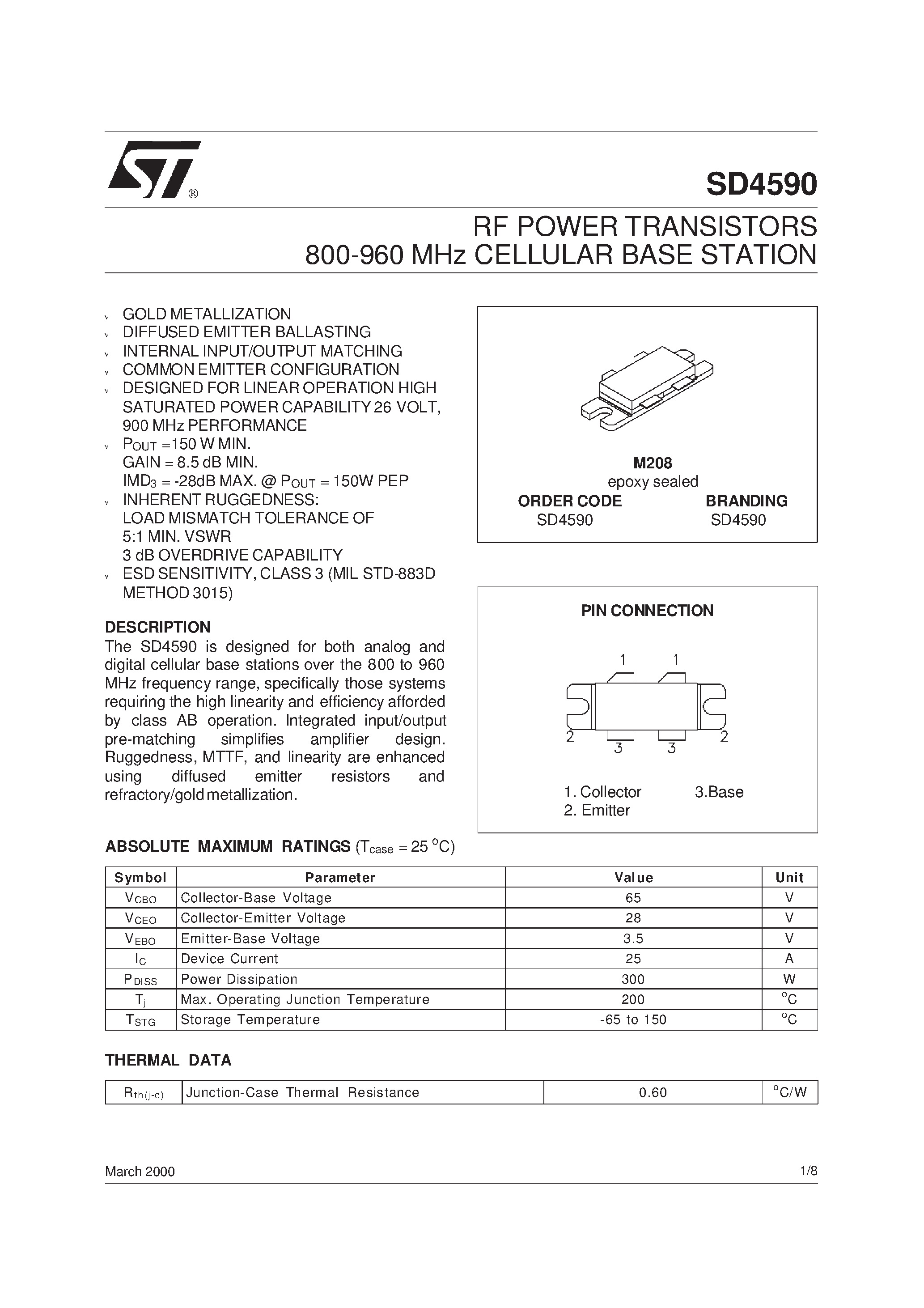 Datasheet SD4590 - RF POWER TRANSISTORS 800-960 MHz CELLULAR BASE STATION page 1