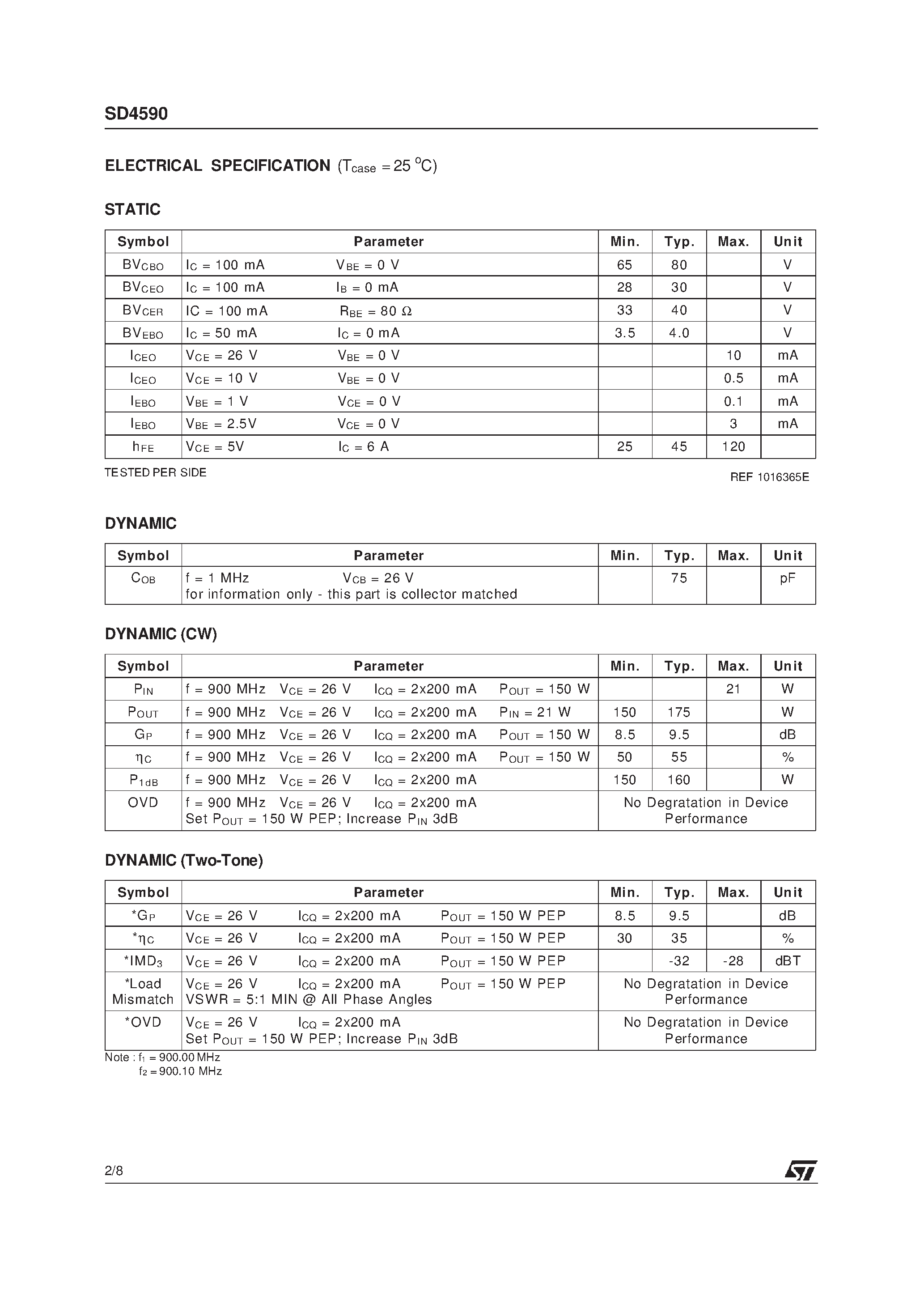 Datasheet SD4590 - RF POWER TRANSISTORS 800-960 MHz CELLULAR BASE STATION page 2