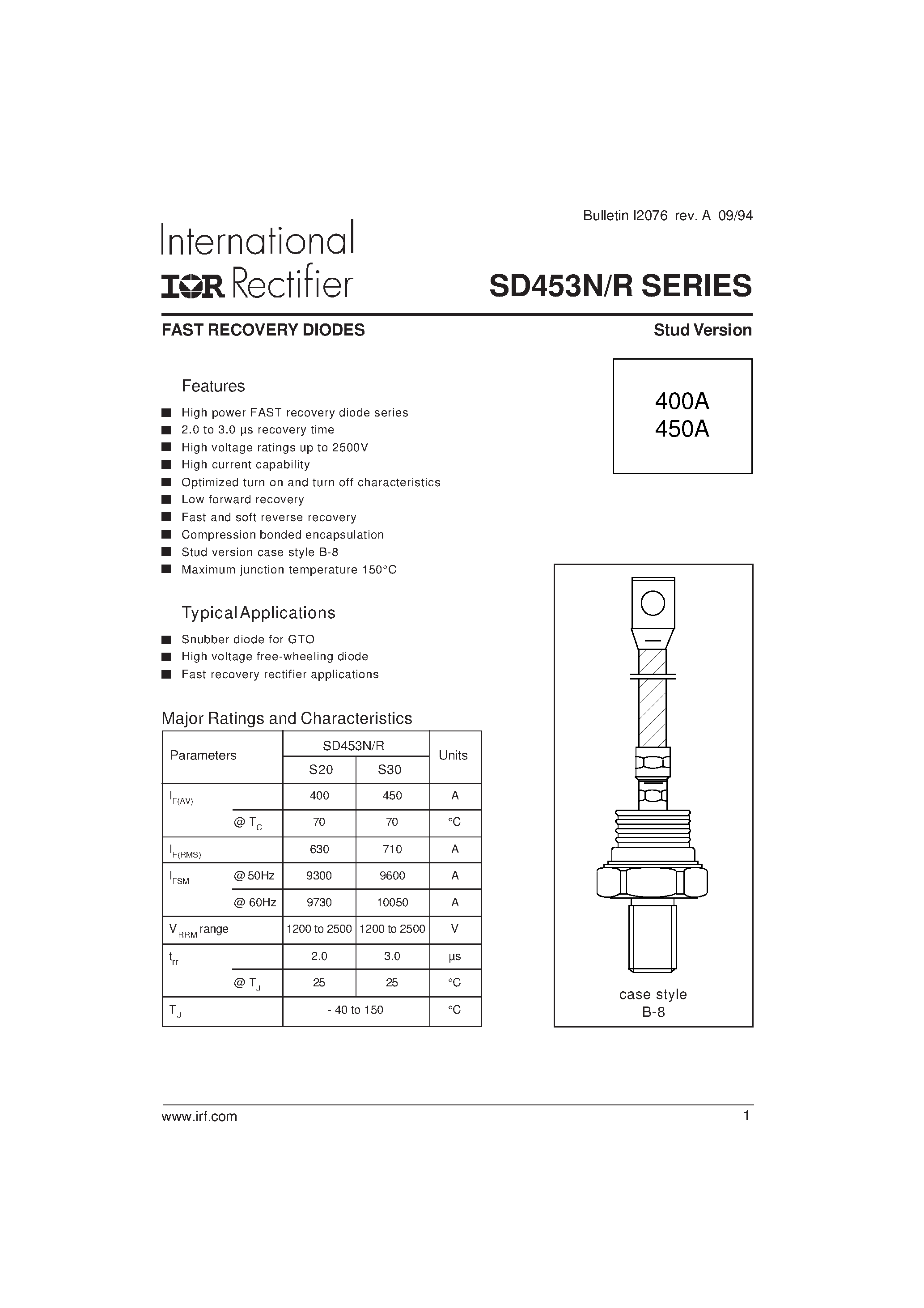 Даташит на микросхему SD453N страница 1 Даташит SD453N - FAST RECOVERY DIODES страница 1
