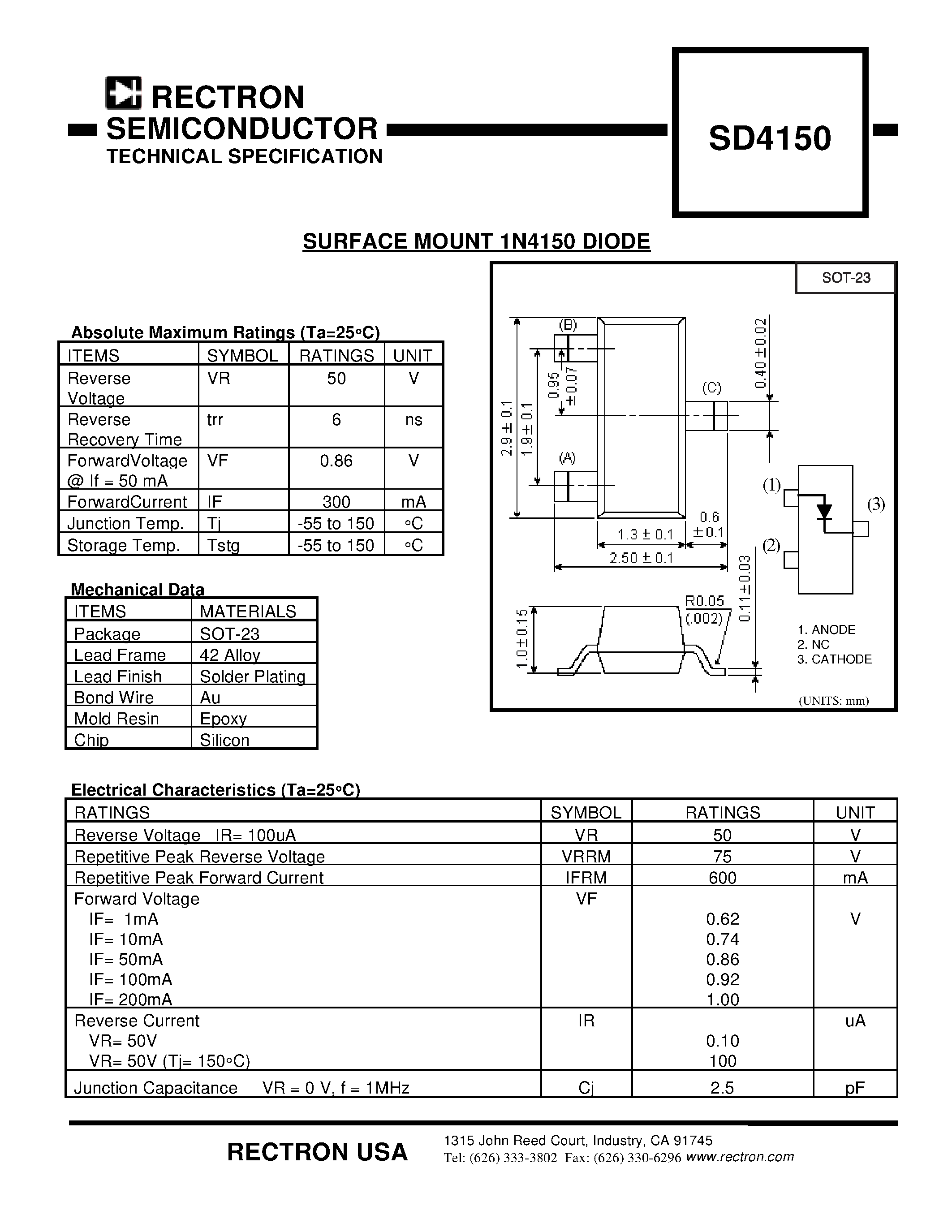 Datasheet SD4150 - SURFACE MOUNT 1N4150 DIODE page 1