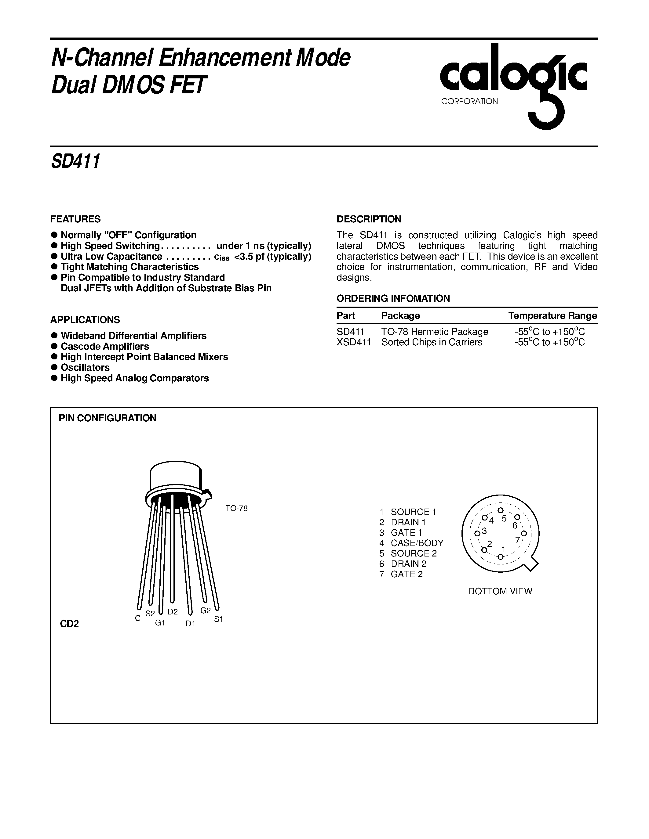 Datasheet SD411 - N-Channel Enhancement Mode Dual DMOS FET page 1