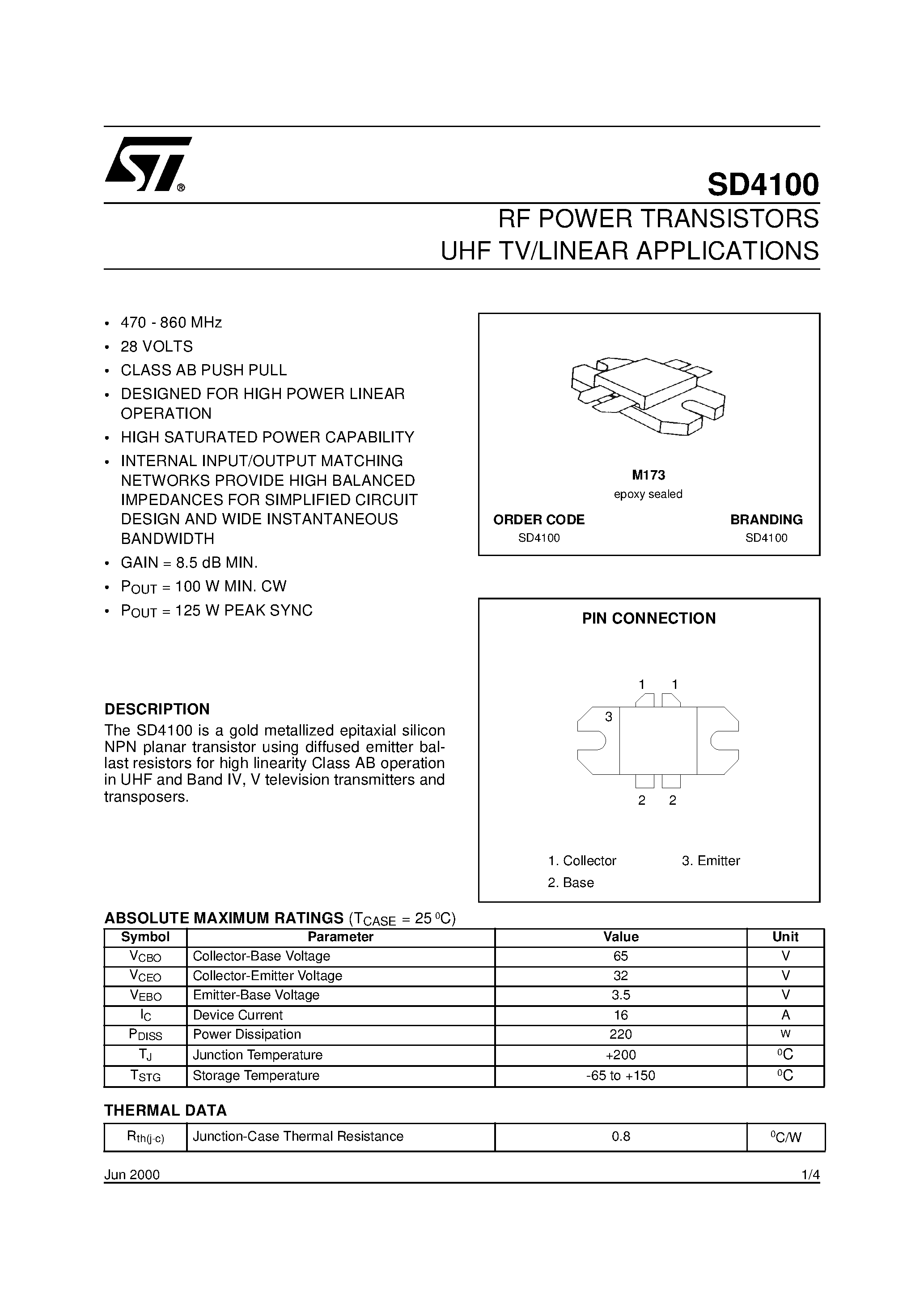 Datasheet SD4100 - RF POWER TRANSISTORS UHF TV/LINEAR APPLICATIONS page 1