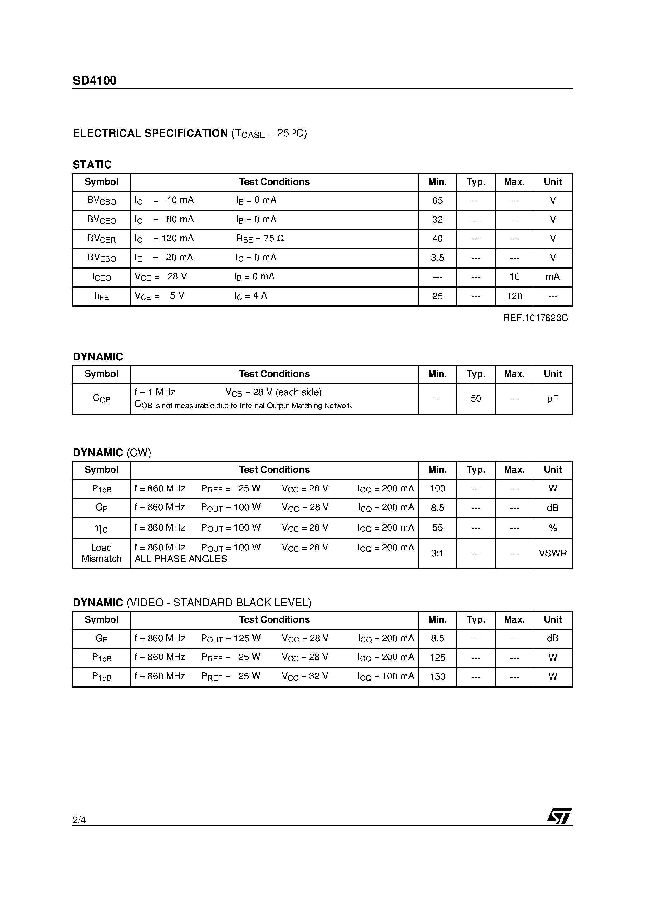 Datasheet SD4100 - RF POWER TRANSISTORS UHF TV/LINEAR APPLICATIONS page 2