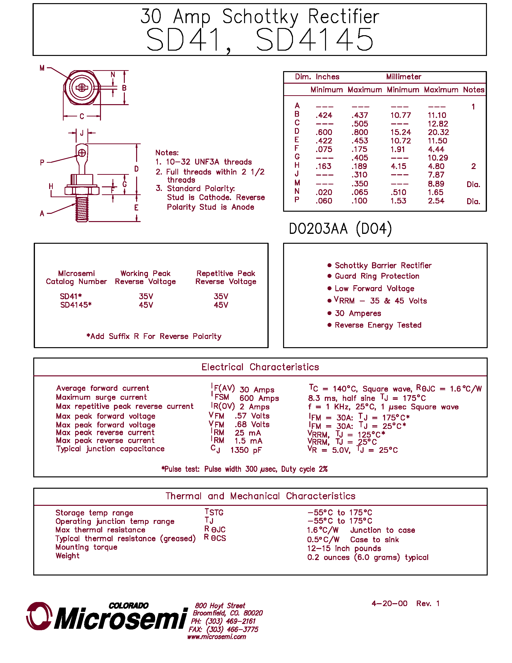 Datasheet SD41 page 1 Datasheet SD41 - (SD41 / SD4145) 30 Amp Schottky Rectifier page 1