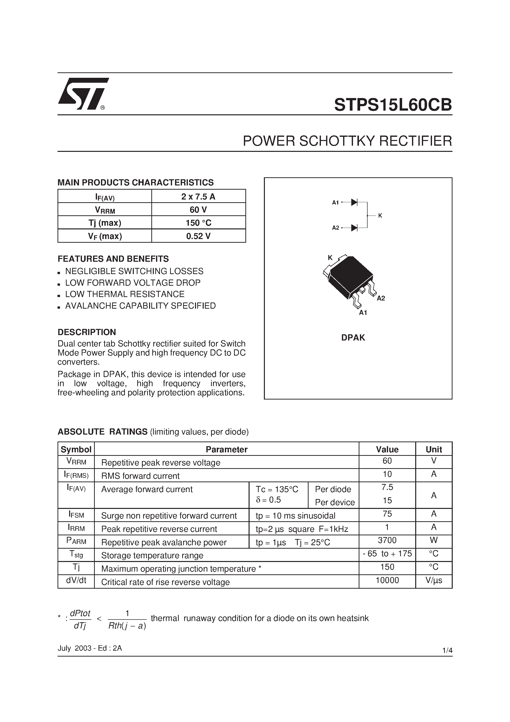 Datasheet STPS15L60CB - POWER SCHOTTKY RECTIFIER page 1