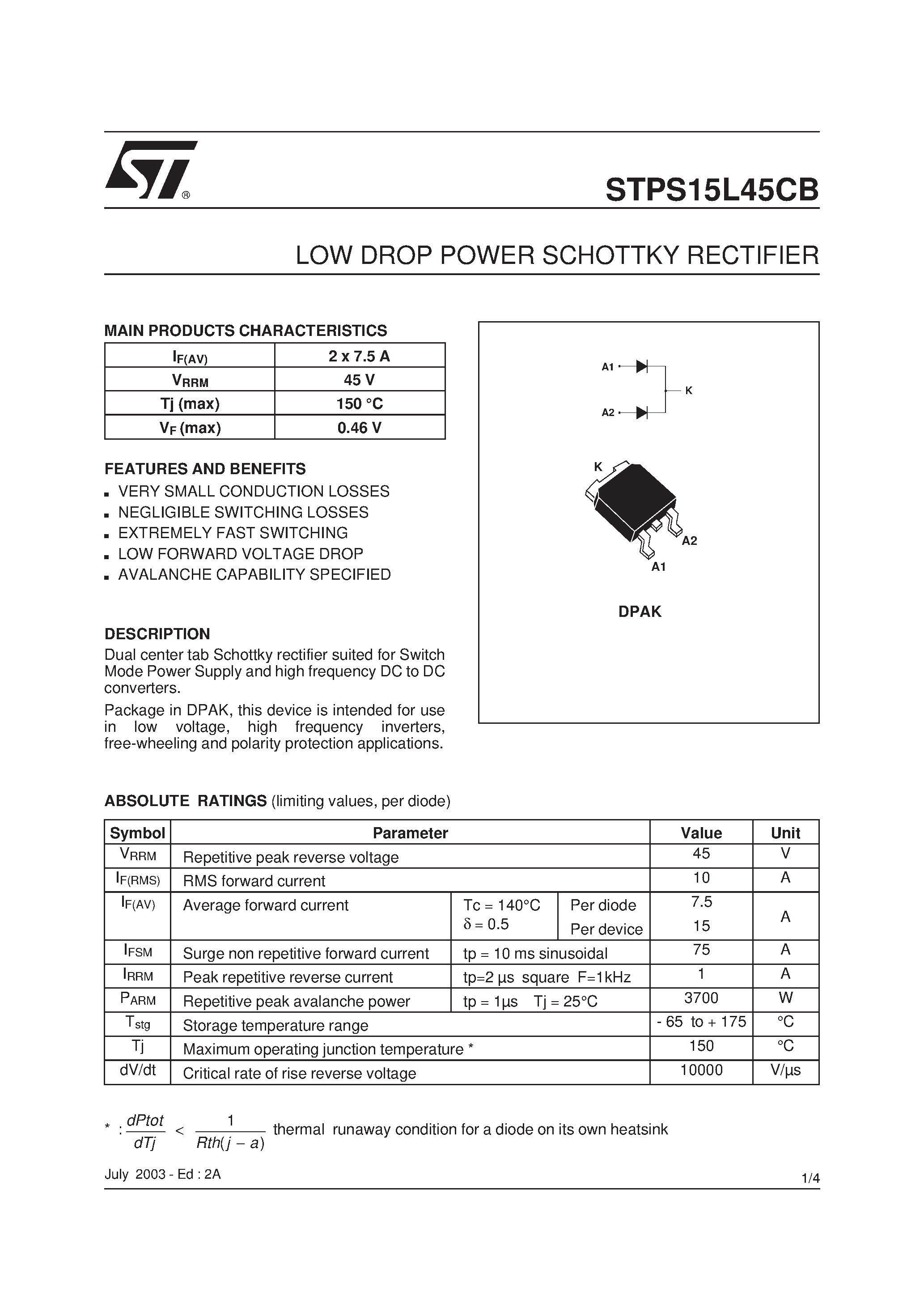 Datasheet STPS15L45CB - LOW DROP POWER SCHOTTKY RECTIFIER page 1