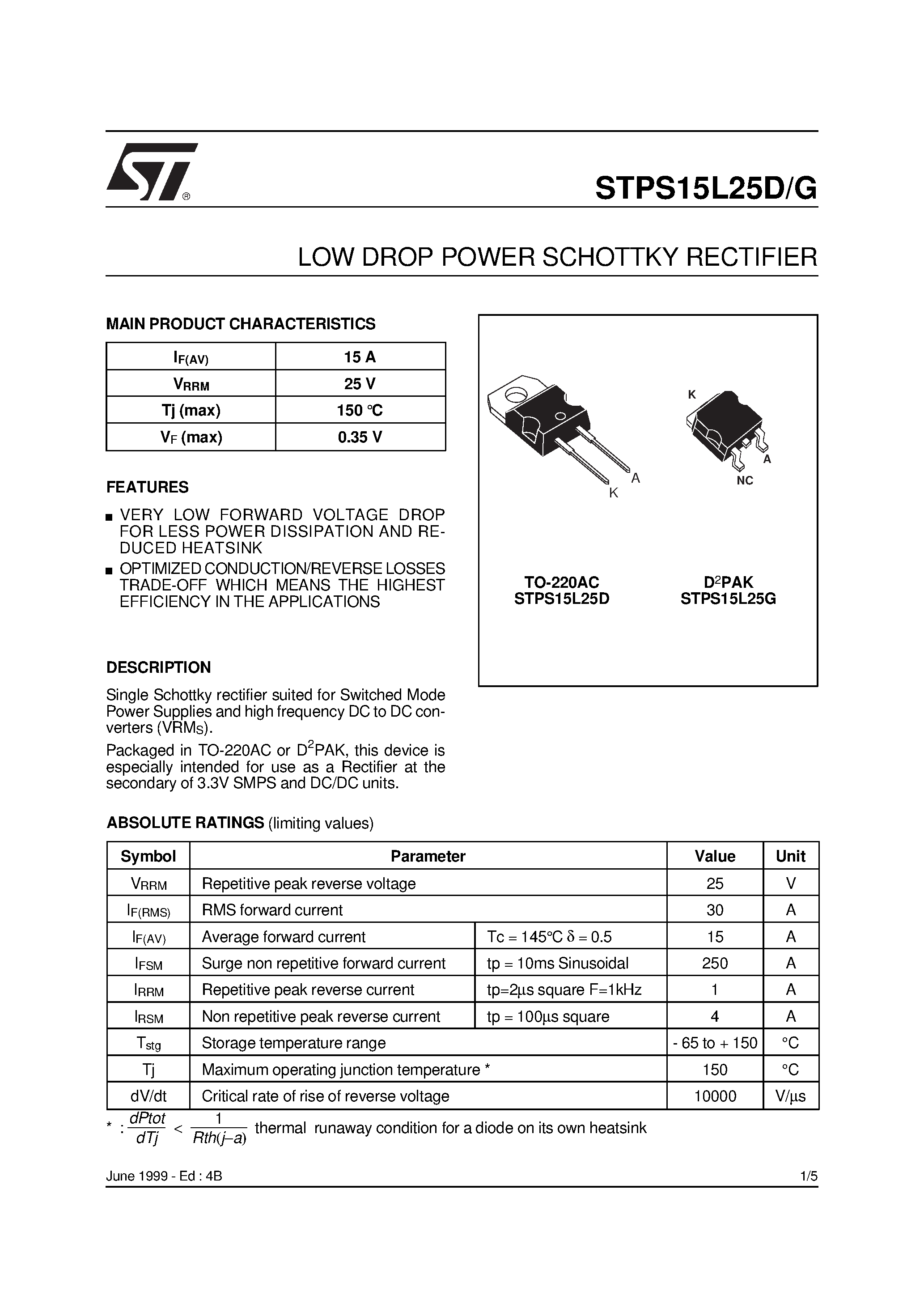 Datasheet STPS15L25D - (STPS15L25D / STPS15L25G) LOW DROP POWER SCHOTTKY RECTIFIER page 1