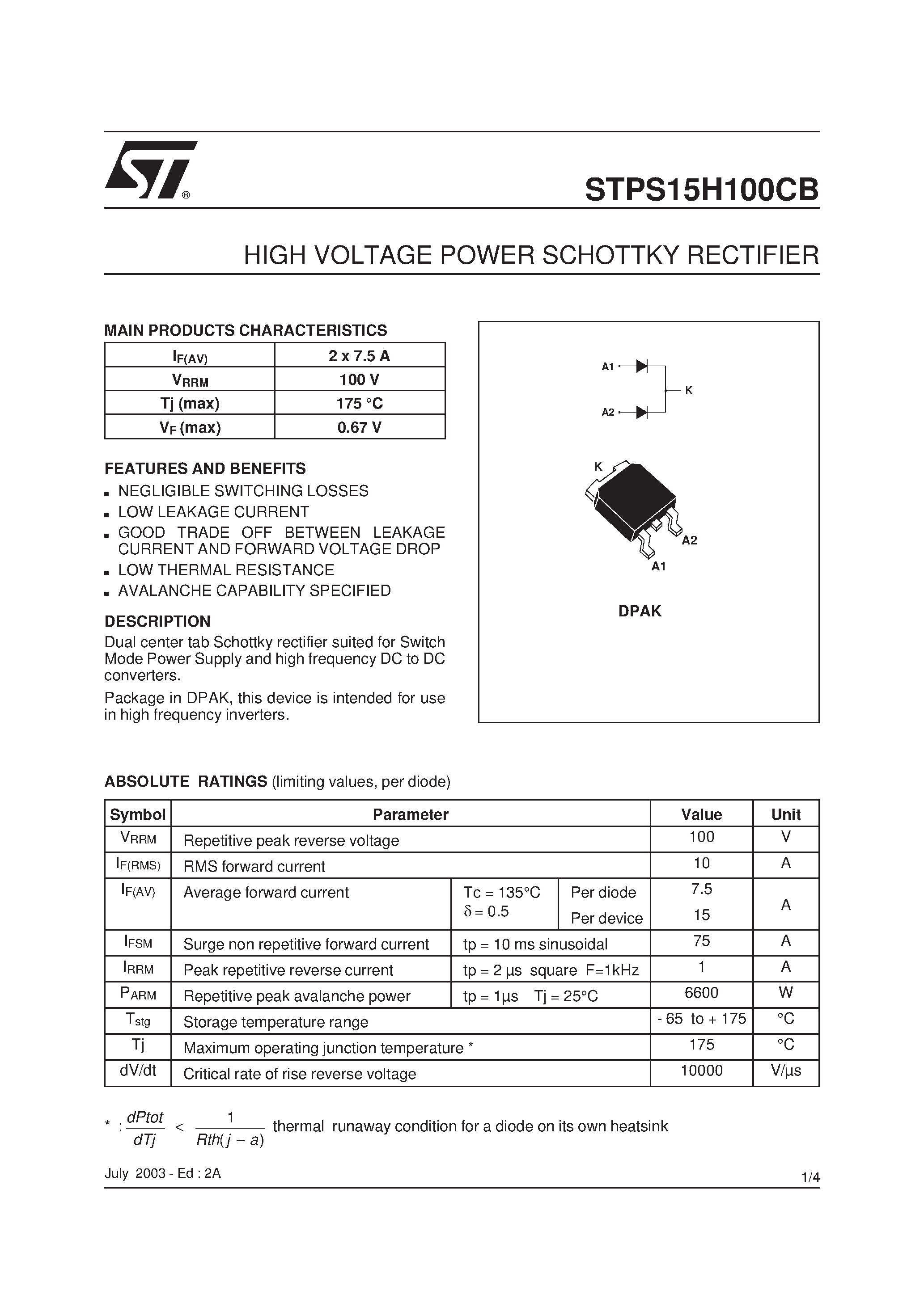 Datasheet STPS15H100CB - HIGH VOLTAGE POWER SCHOTTKY RECTIFIER page 1