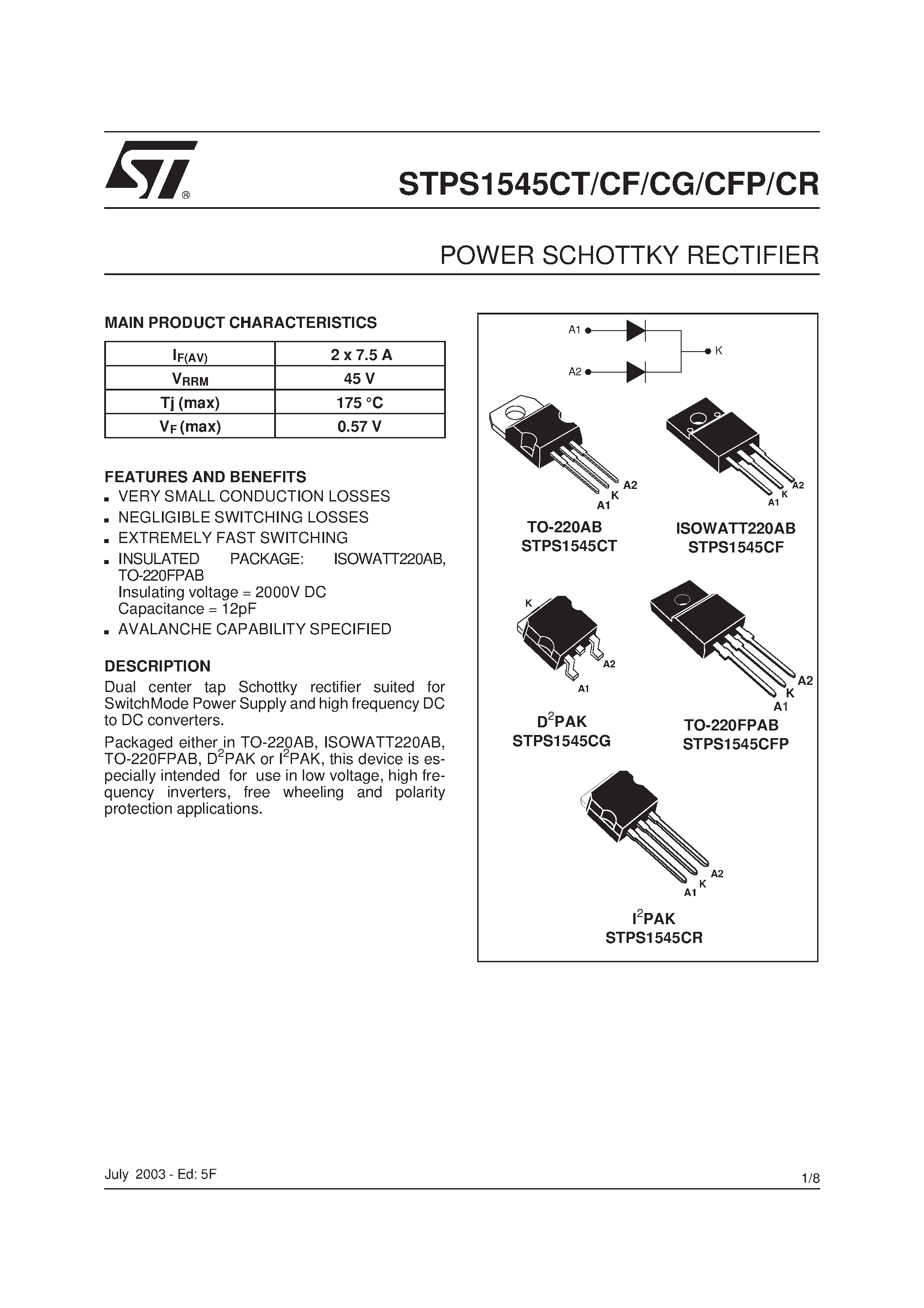 Даташит STPS1545CF - (STPS1545CT/CF/CG/CFP/CR) POWER SCHOTTKY RECTIFIER страница 1