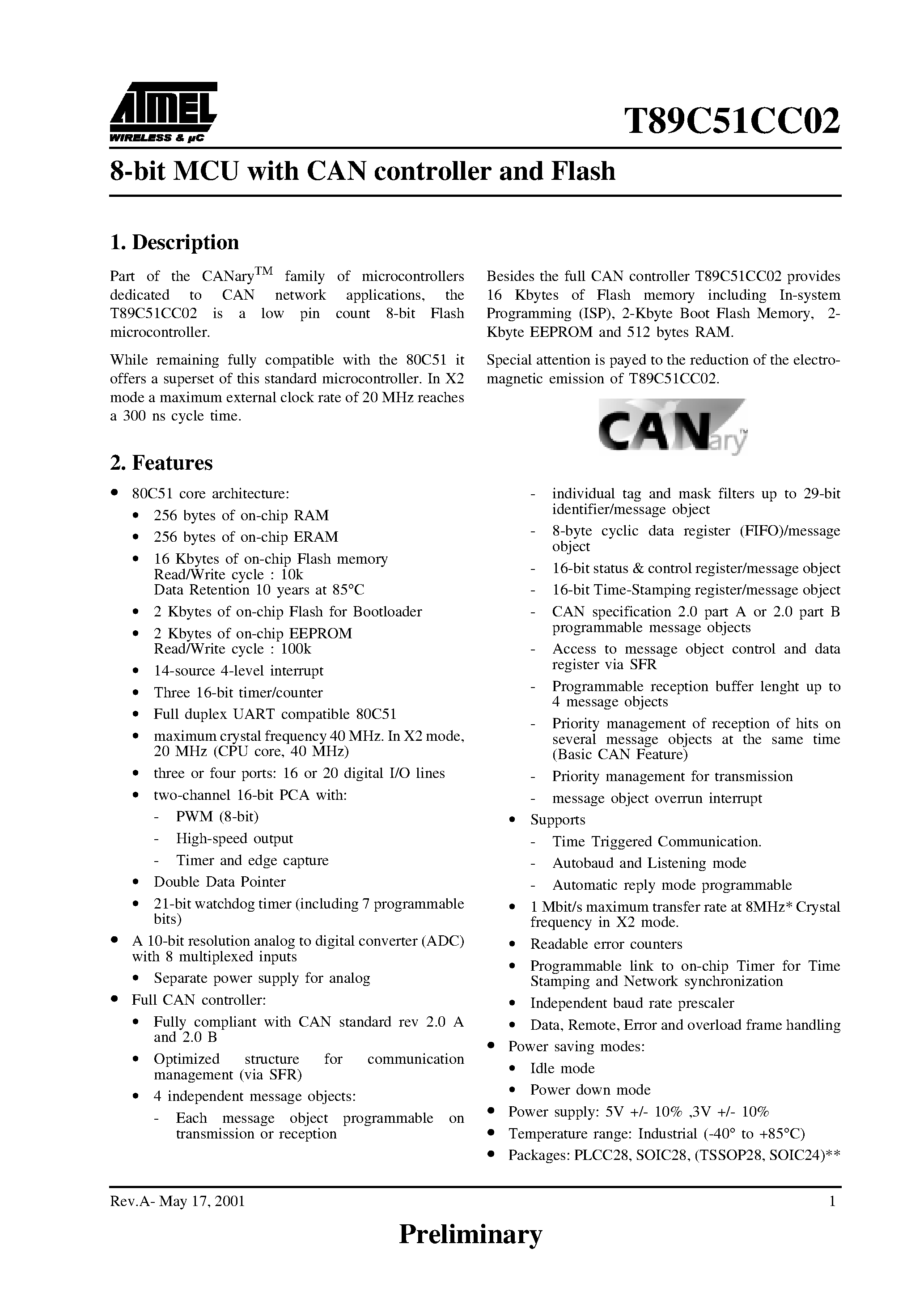 Datasheet T89C51CC02 page 1 Datasheet T89C51CC02 - 8-Bit MCU page 1