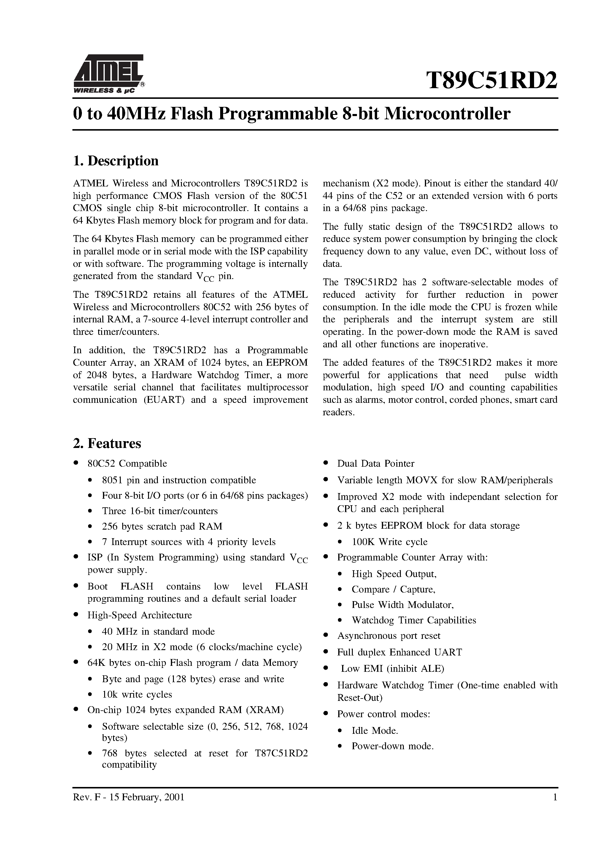 Datasheet T89C51RD2 - 0 to 40MHz Flash Programmable 8-bit Microcontroller page 1