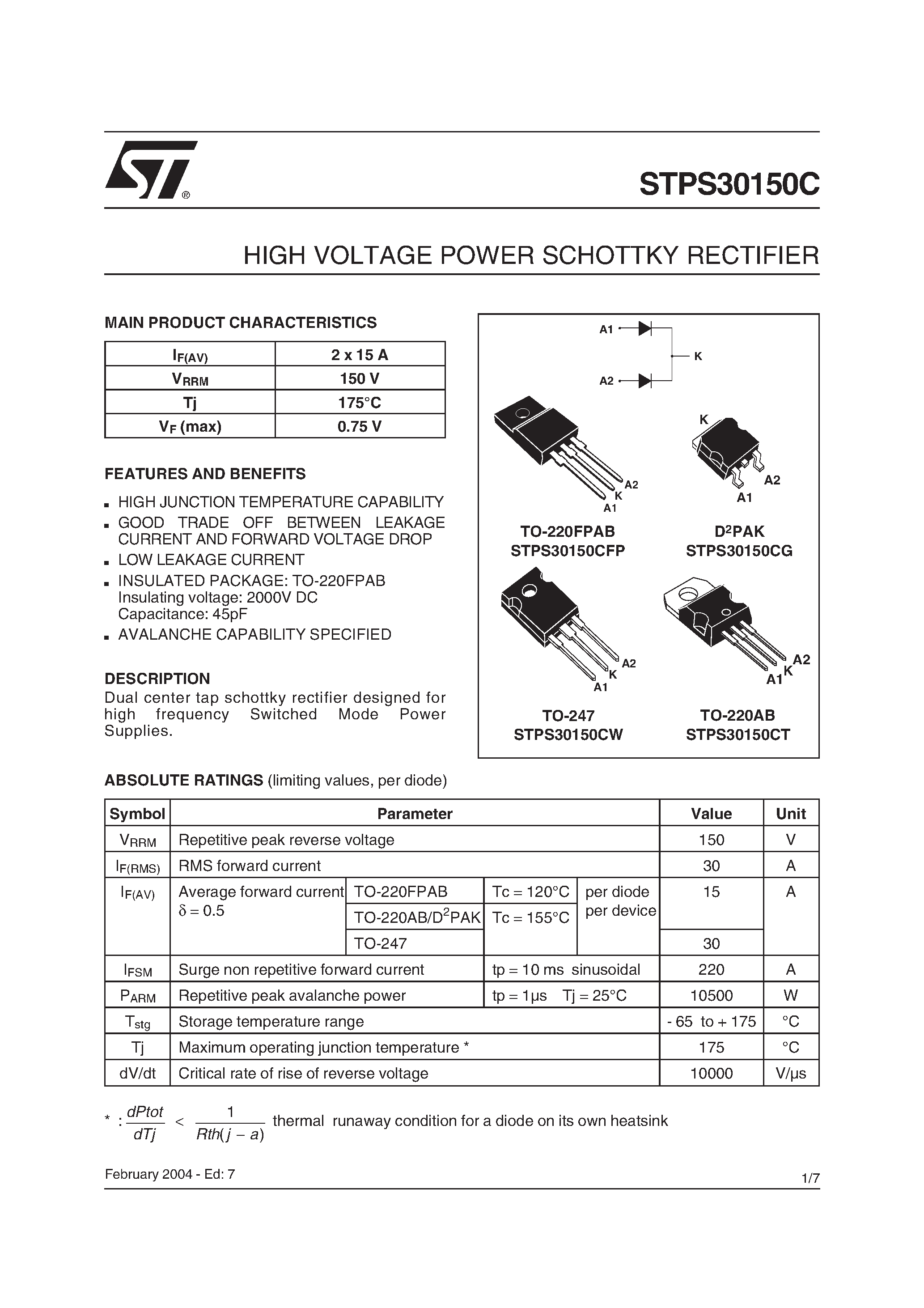 Datasheet STPS30150C - HIGH VOLTAGE POWER SCHOTTKY RECTIFIER page 1