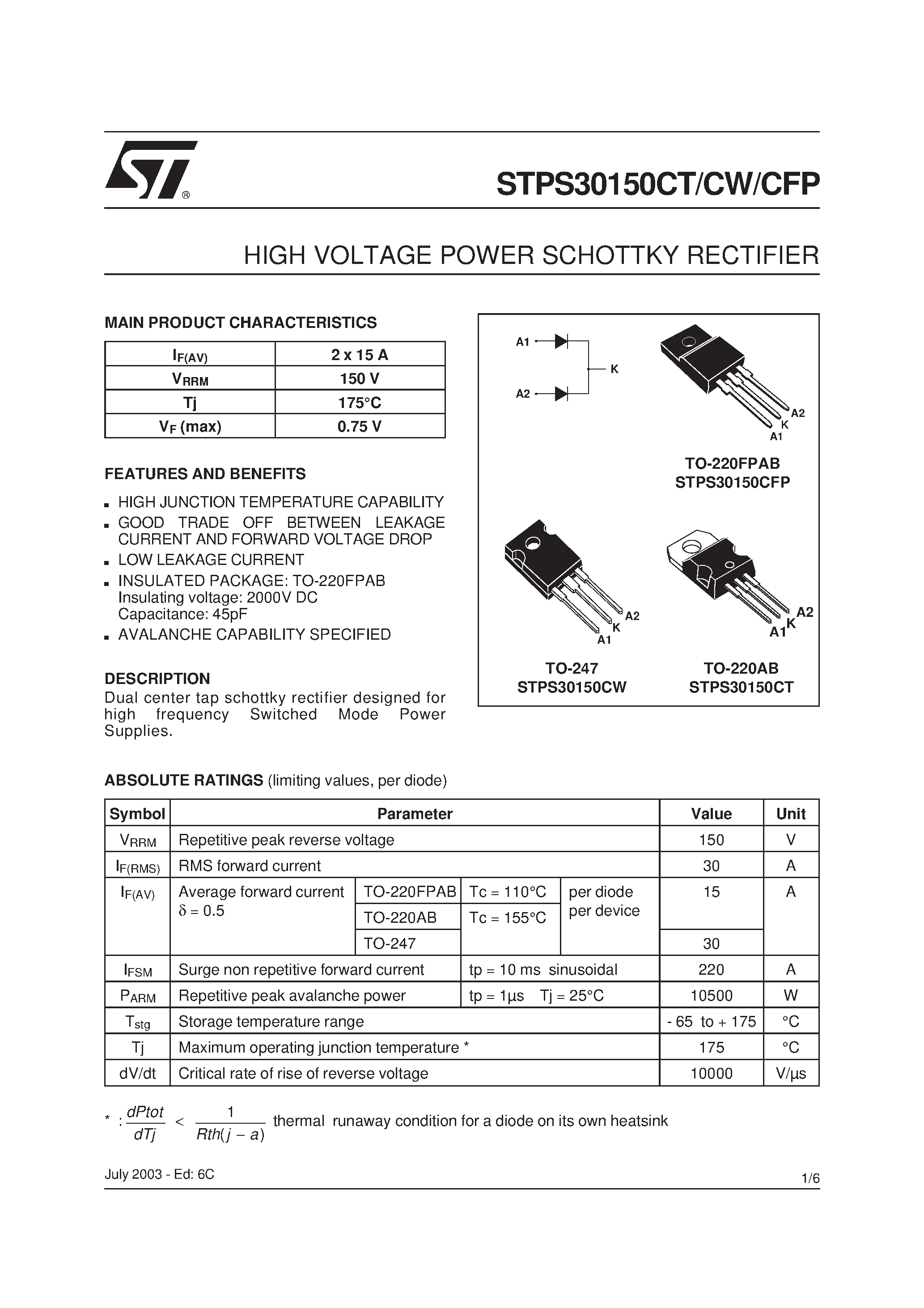 Datasheet STPS30150CFP - (STPS30150CT/CW/CFP) HIGH VOLTAGE POWER SCHOTTKY RECTIFIER page 1