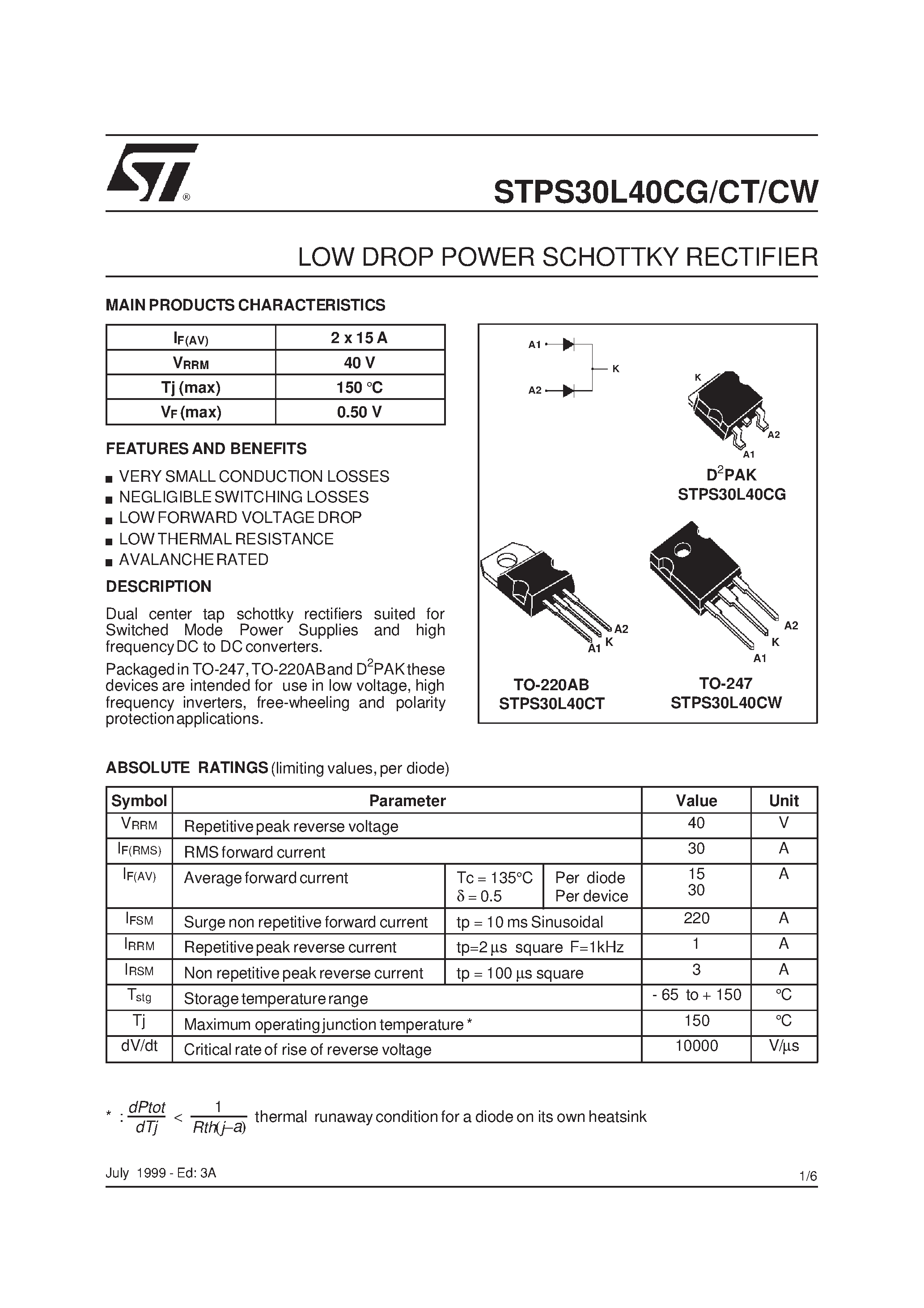 Даташит STPS30L40CG - (STPS30L40CG/CT/CW) LOW DROP POWER SCHOTTKY RECTIFIER страница 1