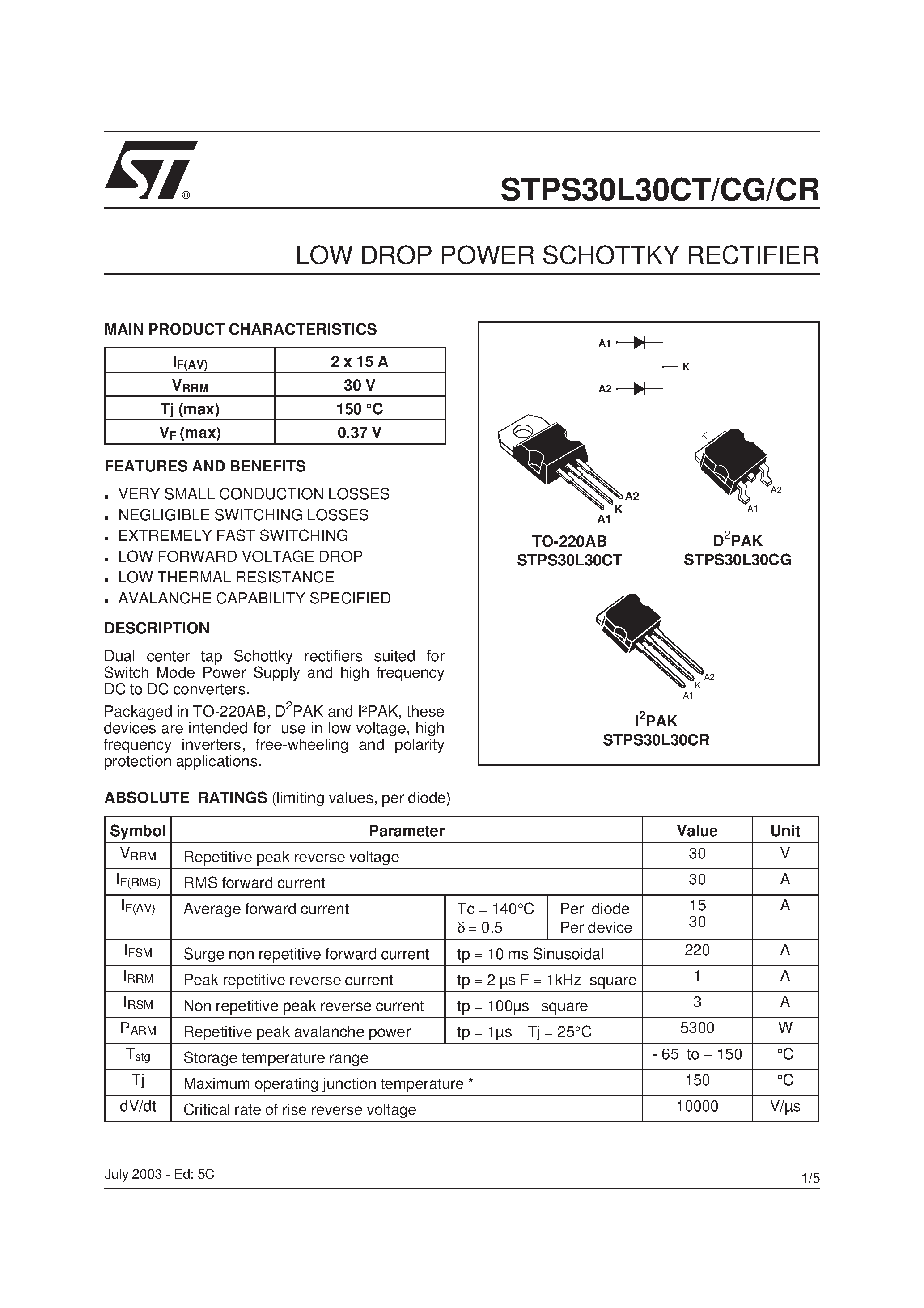Даташит STPS30L30CG - (STPS30L30CT/CG/CR) LOW DROP POWER SCHOTTKY RECTIFIER страница 1