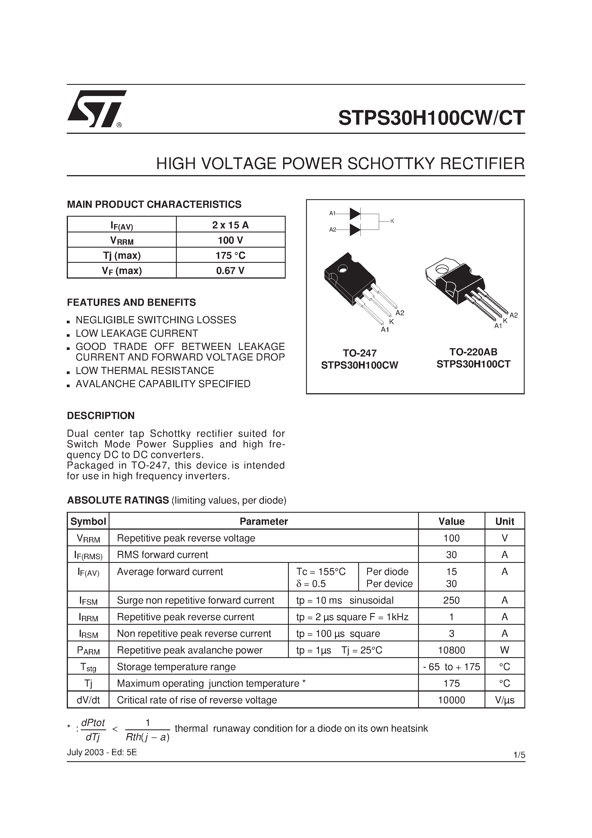 Даташит STPS30H100CT - (STPS30H100CW/CT) HIGH VOLTAGE POWER SCHOTTKY RECTIFIER страница 1