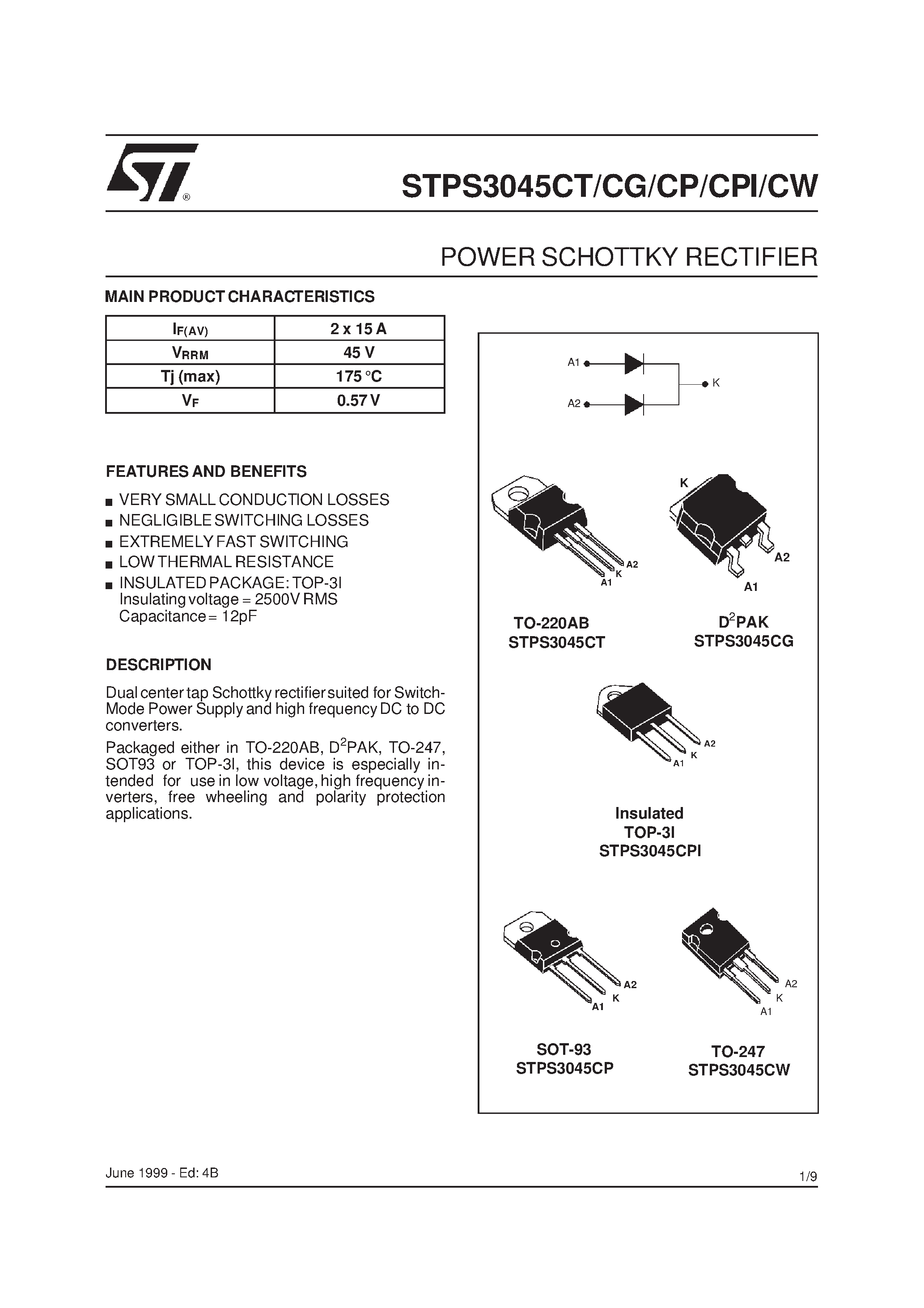 Даташит STPS3045CG - (STPS3045CT/CG/CP/CPI/CW) POWER SCHOTTKY RECTIFIER страница 1