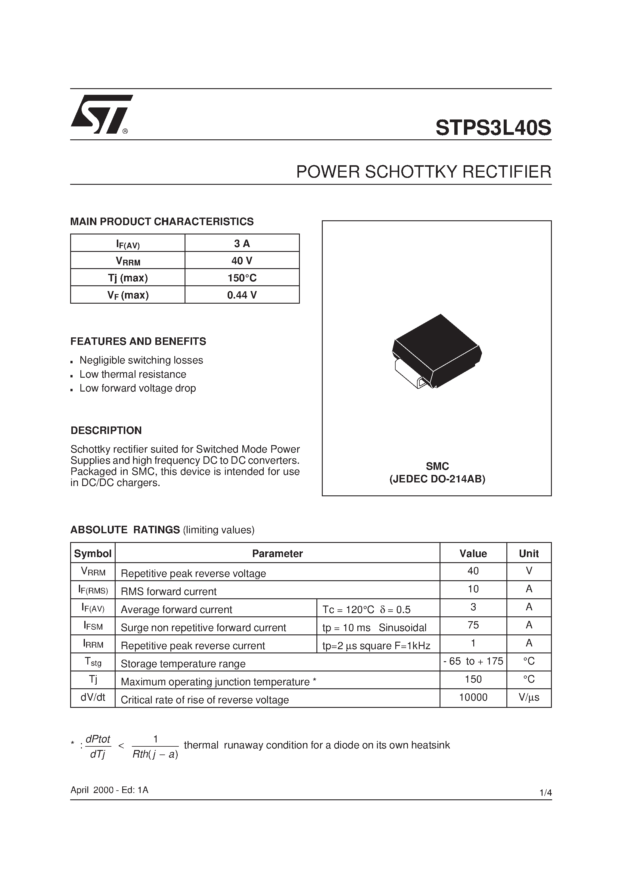 Datasheet STPS3L40S - POWER SCHOTTKY RECTIFIER page 1