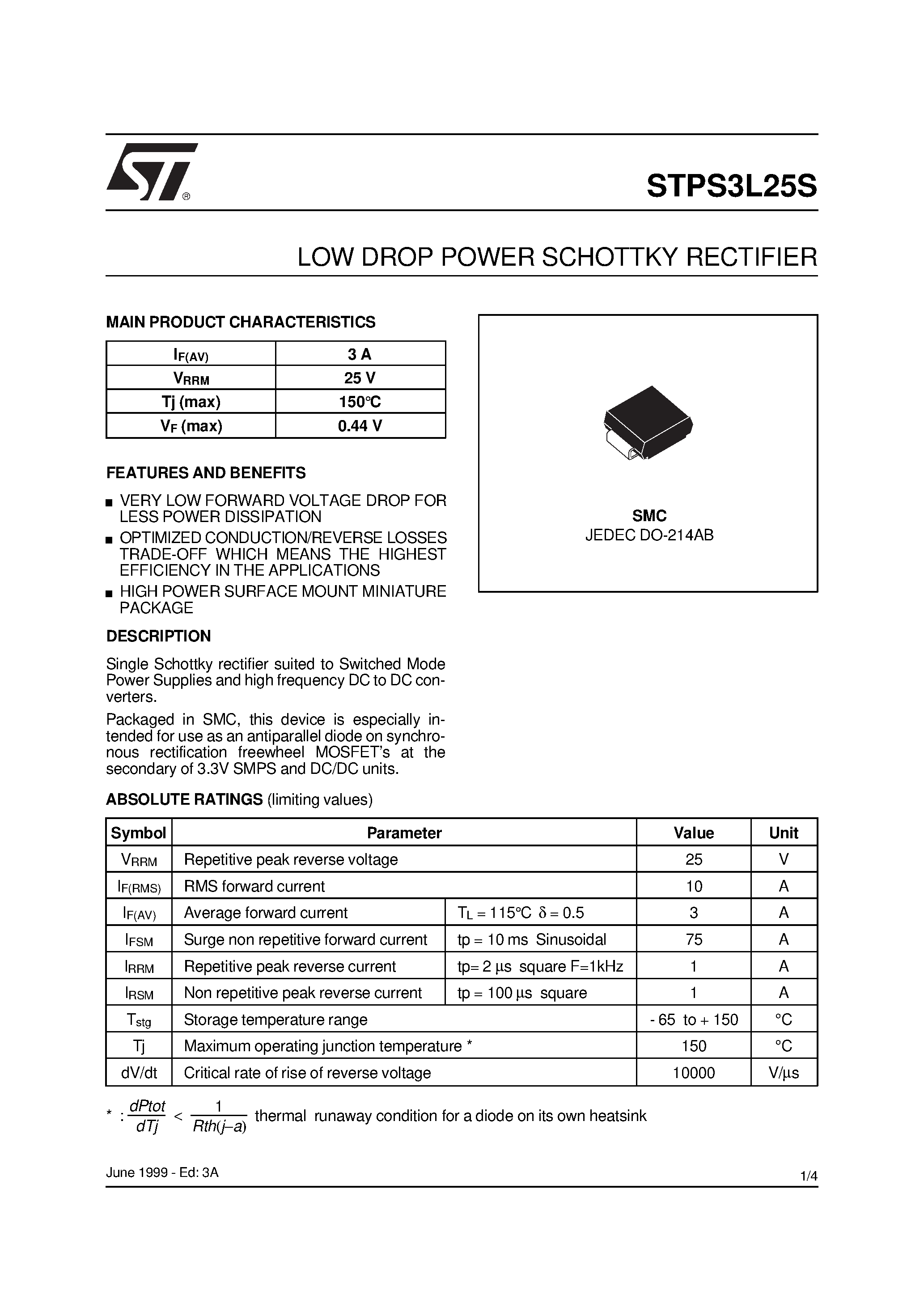 Datasheet STPS3L25S - LOW DROP POWER SCHOTTKY RECTIFIER page 1