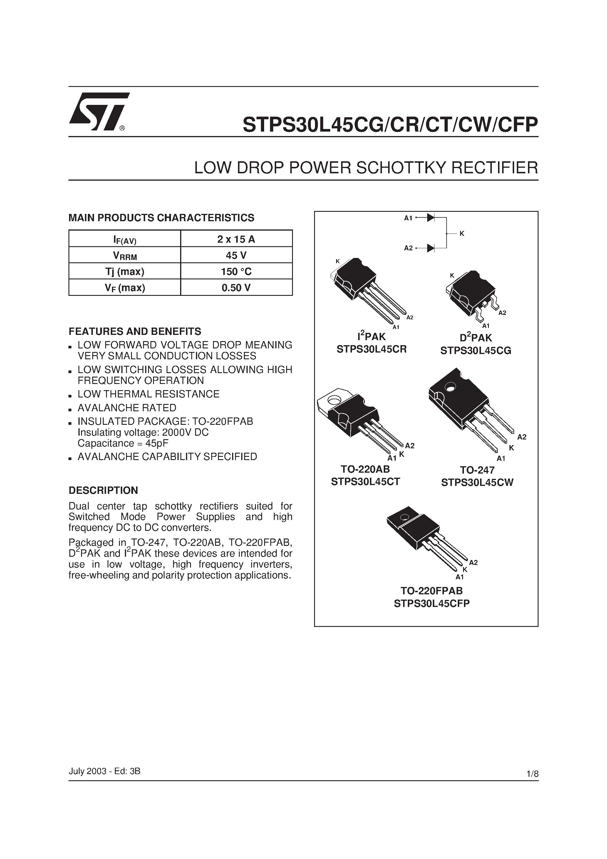 Даташит STPS30L45CFP - (STPS30L45CG/CR/CT/CW/CFP) LOW DROP POWER SCHOTTKY RECTIFIER страница 1