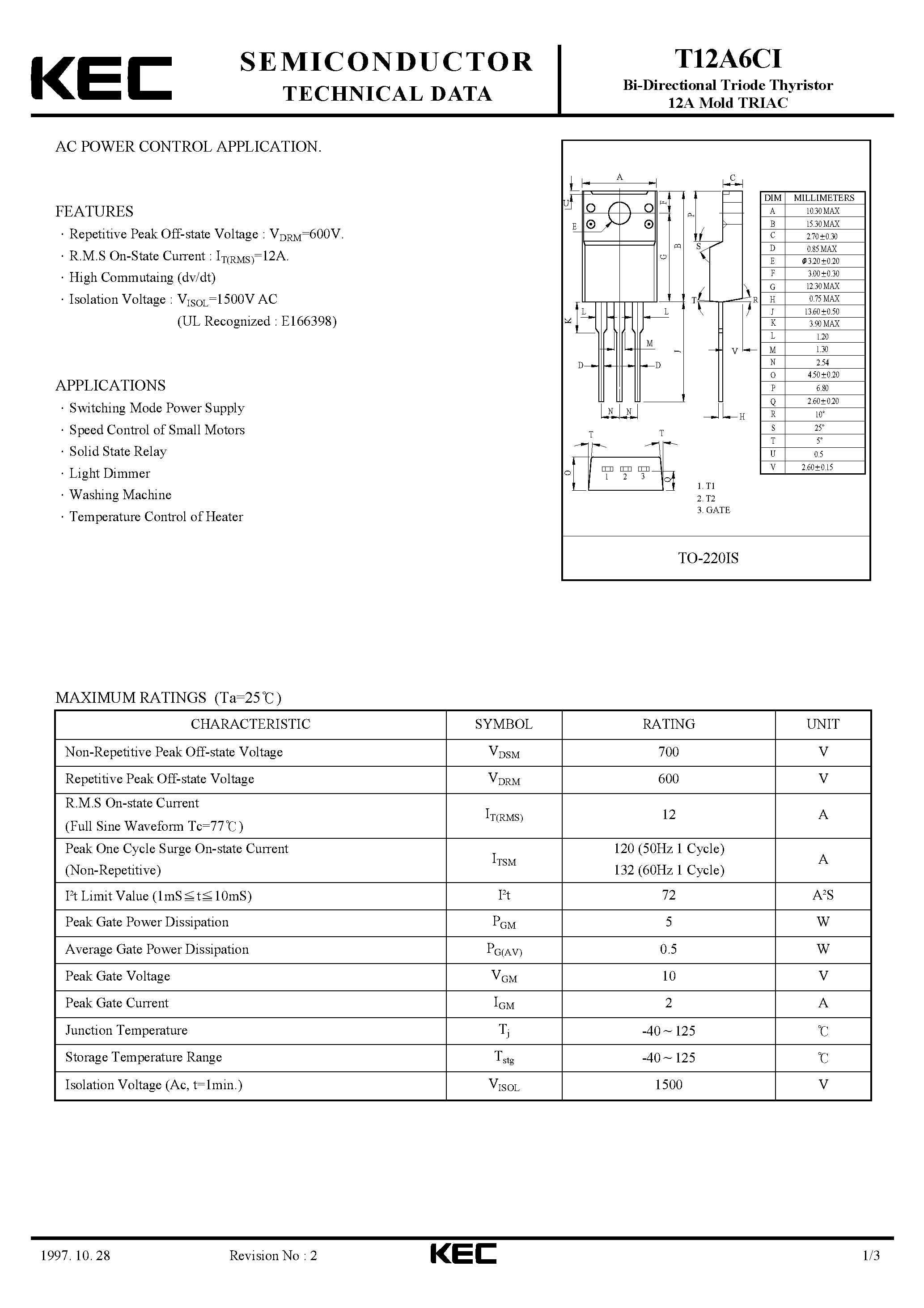 Datasheet T12A6CI - BI-DIRECTIONAL TRIODE THYRISTOR 10A MOLD TRIAC (AC POWER CONTROL) page 1