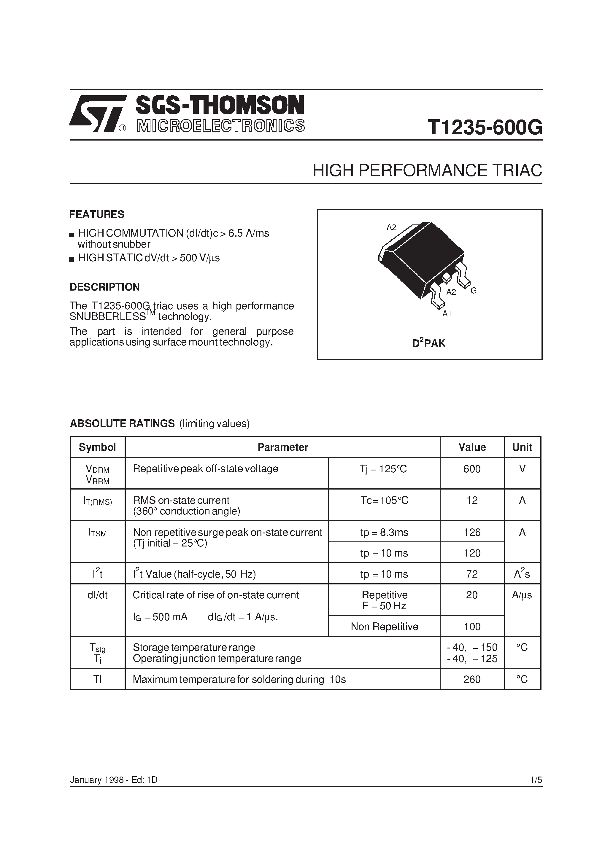 Datasheet T1235-600G - HIGH PERFORMANCE TRIAC page 1