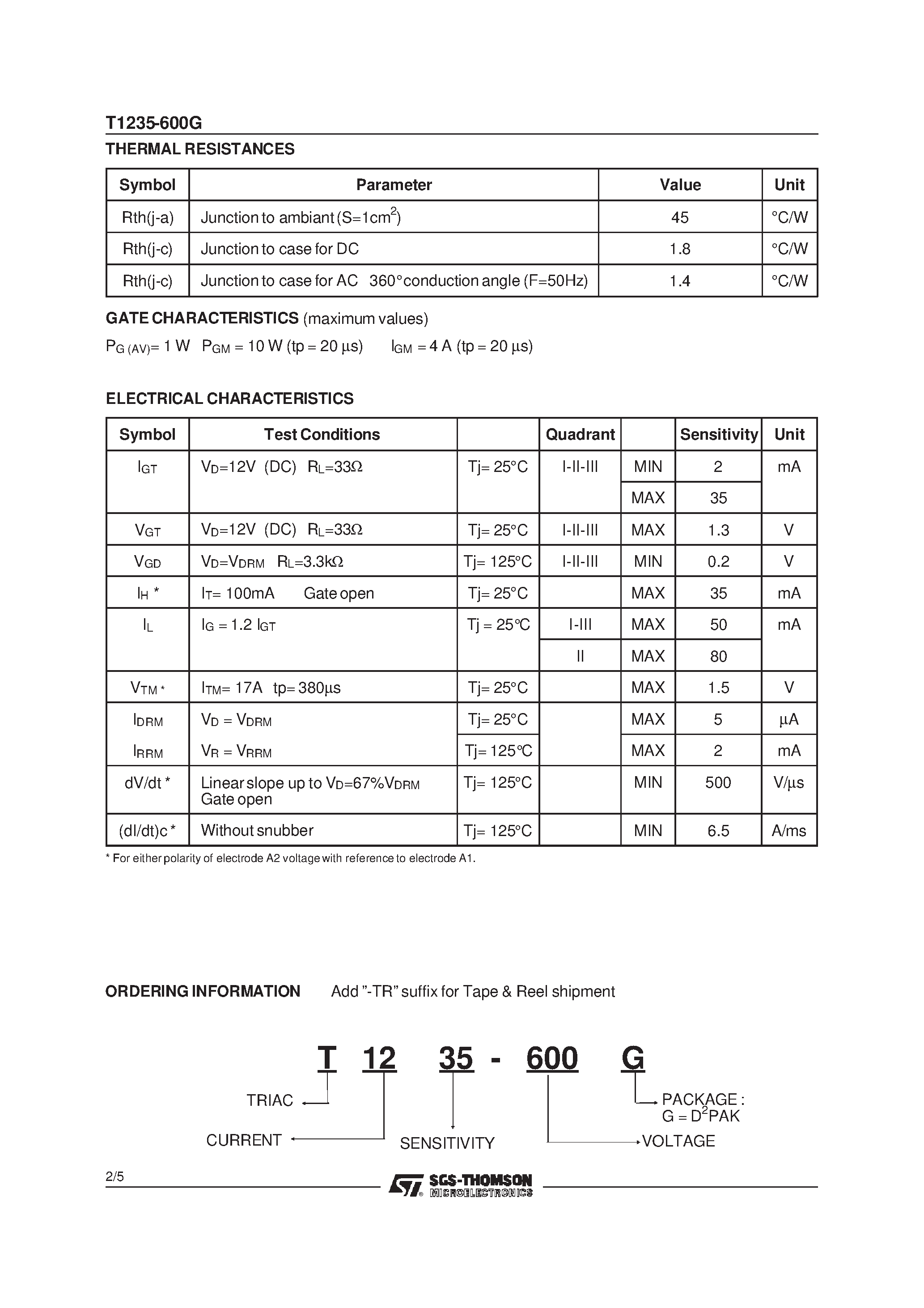 Datasheet T1235-600G - HIGH PERFORMANCE TRIAC page 2