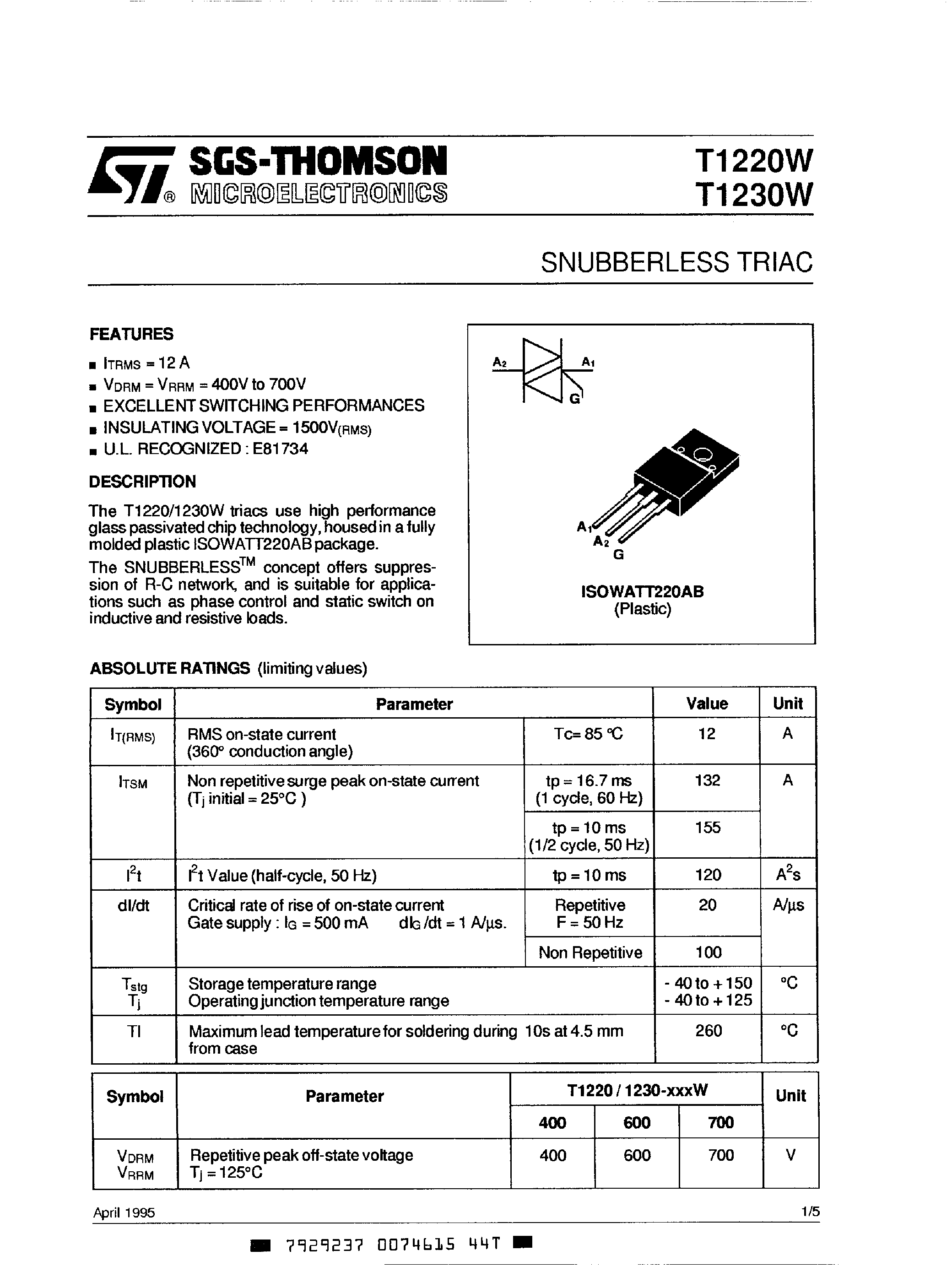 Datasheet T1220W - (T1220W / T1230W) SNUBBERLESS TRIAC page 1