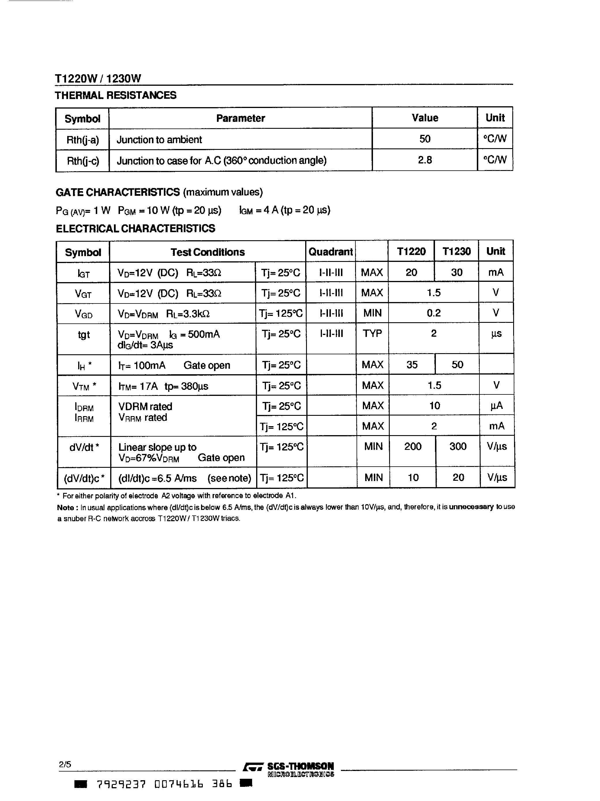 Datasheet T1220W - (T1220W / T1230W) SNUBBERLESS TRIAC page 2