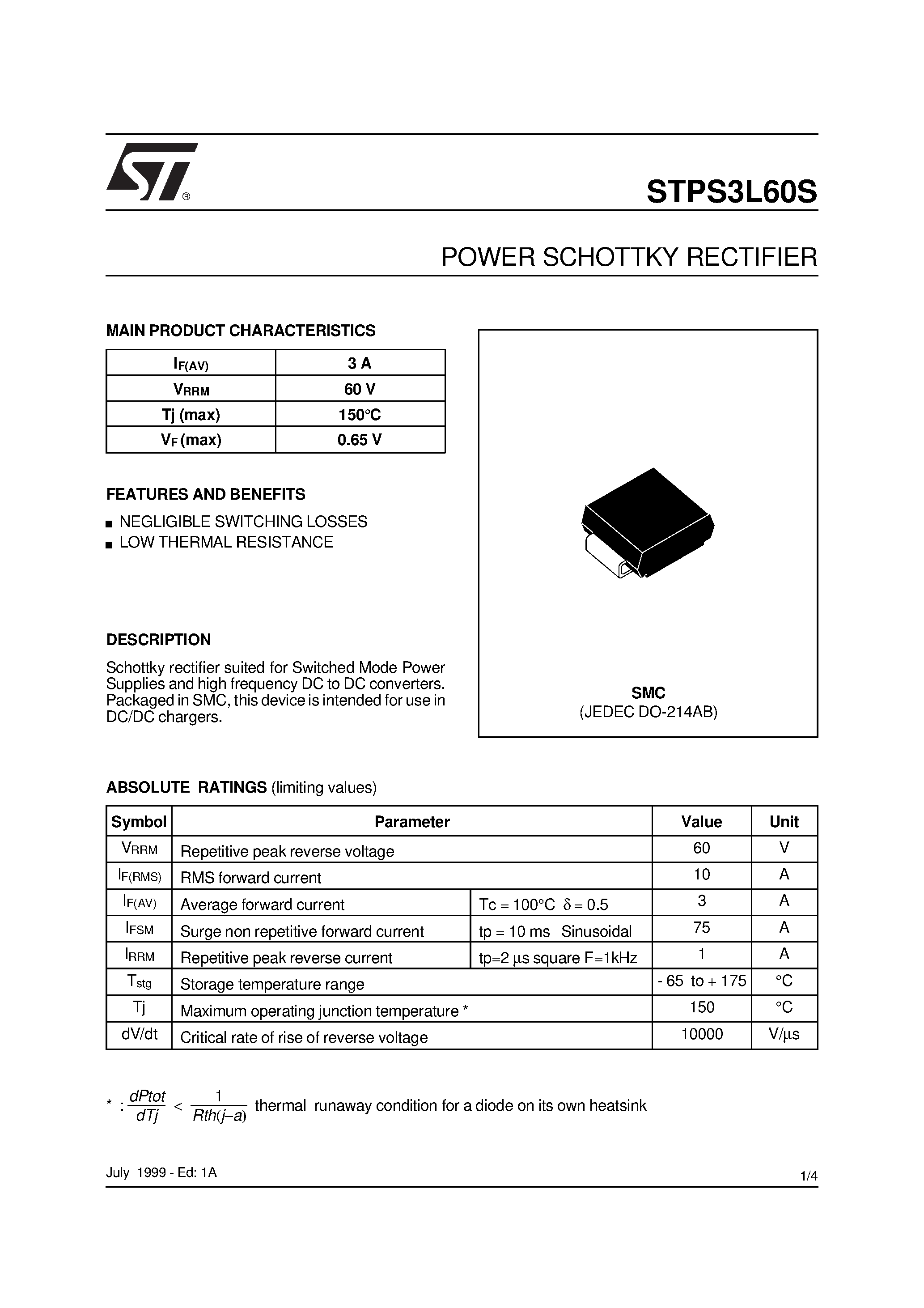 Datasheet STPS3L60S - POWER SCHOTTKY RECTIFIER page 1