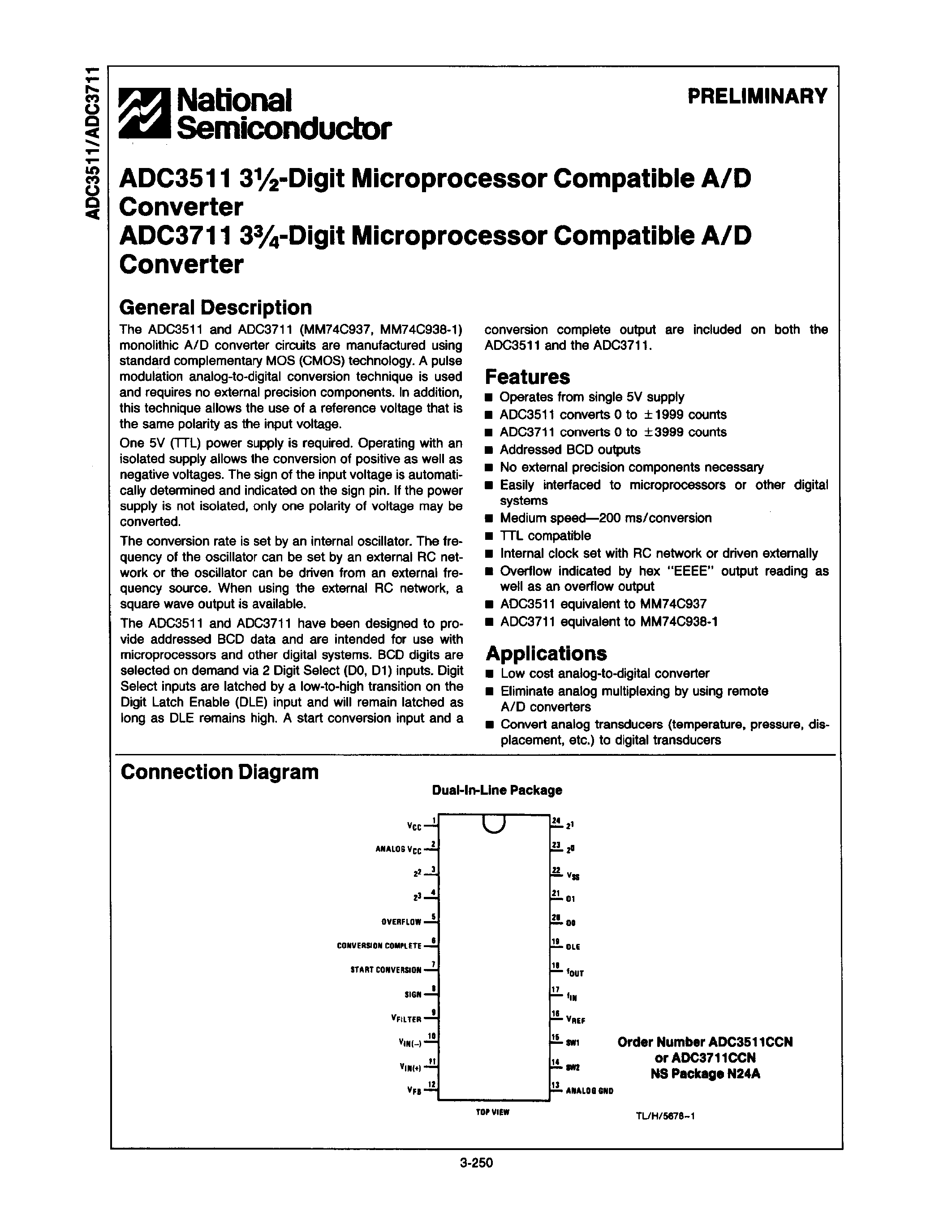 Даташит на микросхему ADC3511 страница 1 Даташит ADC3511 - (ADC3511 / ADC3511) 3 1/2 DIGIT MICROPROCESSOR COMPATIBLE A/D страница 1